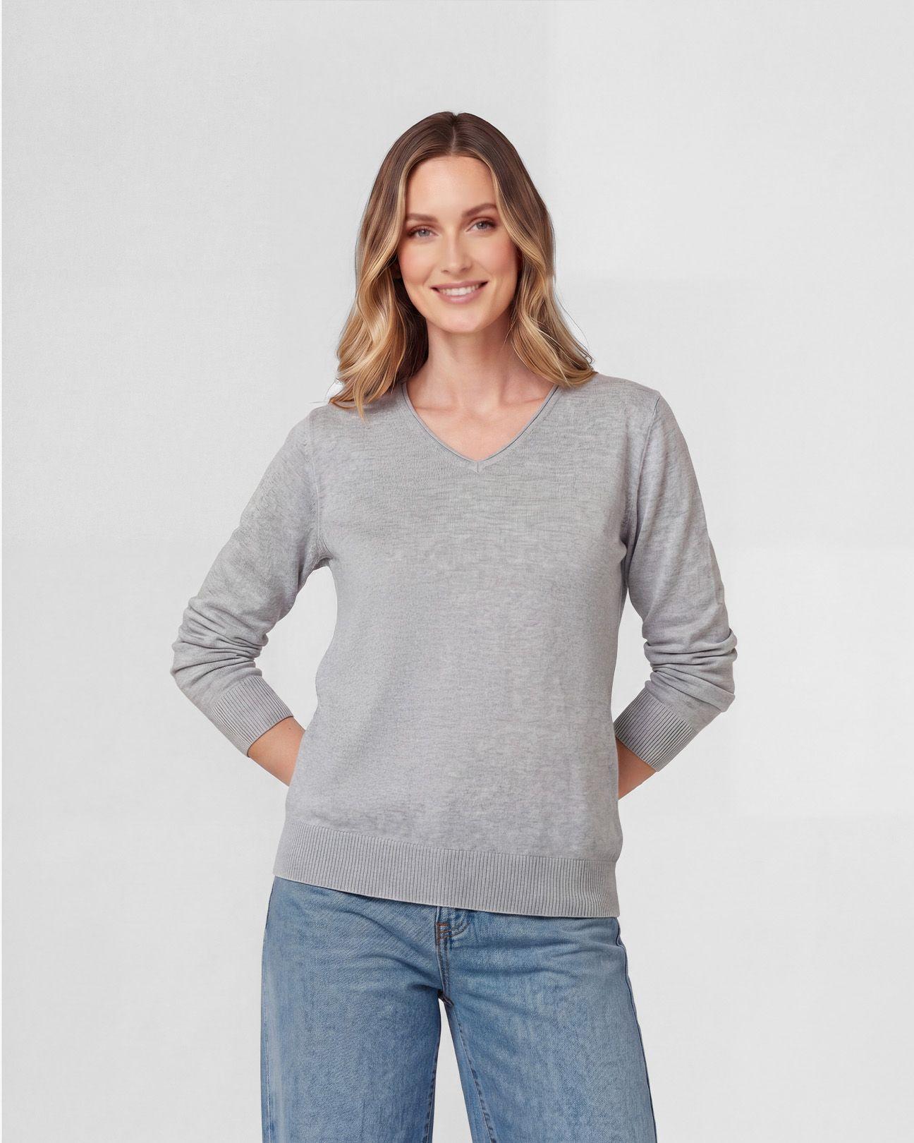 Sweater Mujer Ignacia Regular Fit Cuello En V Manga Caída Fango Lineatre-0