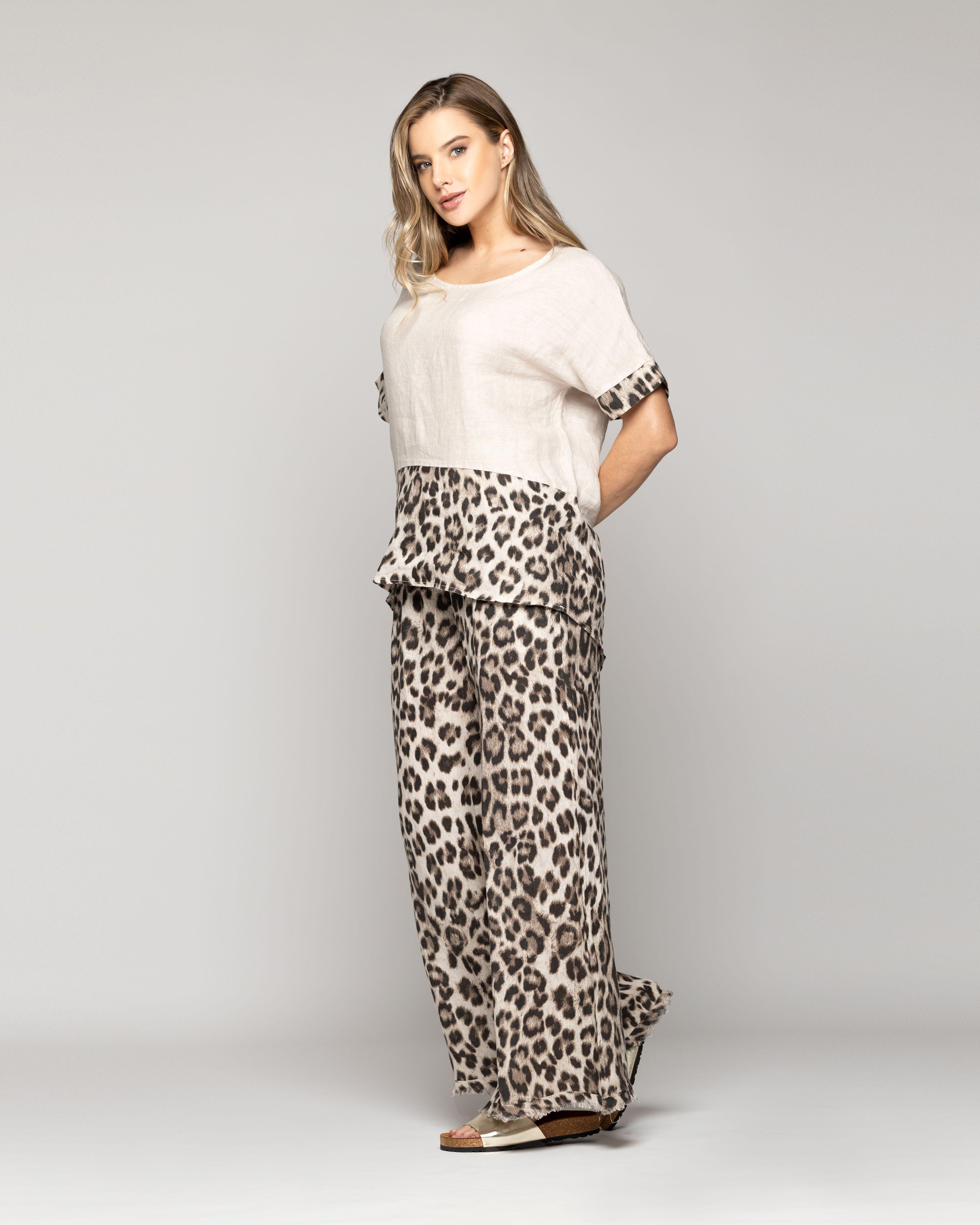 Blusa Mujer Bettina De Lino Con Diseño Leopardo Cafe Lineatre-3
