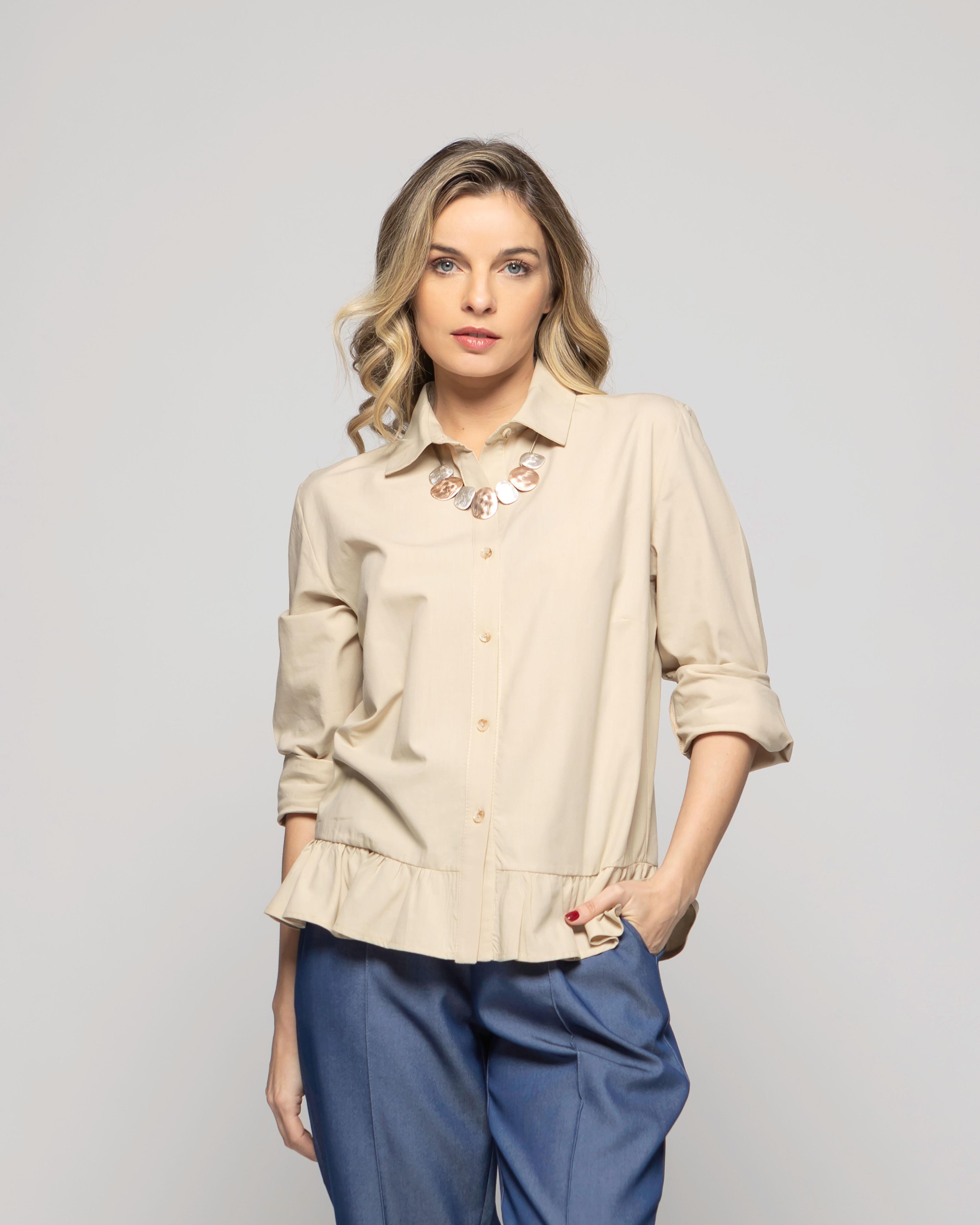 Blusa Mujer Cala Camisera Lisa Con Volante En Basta Blanca Beige Ludovica-2