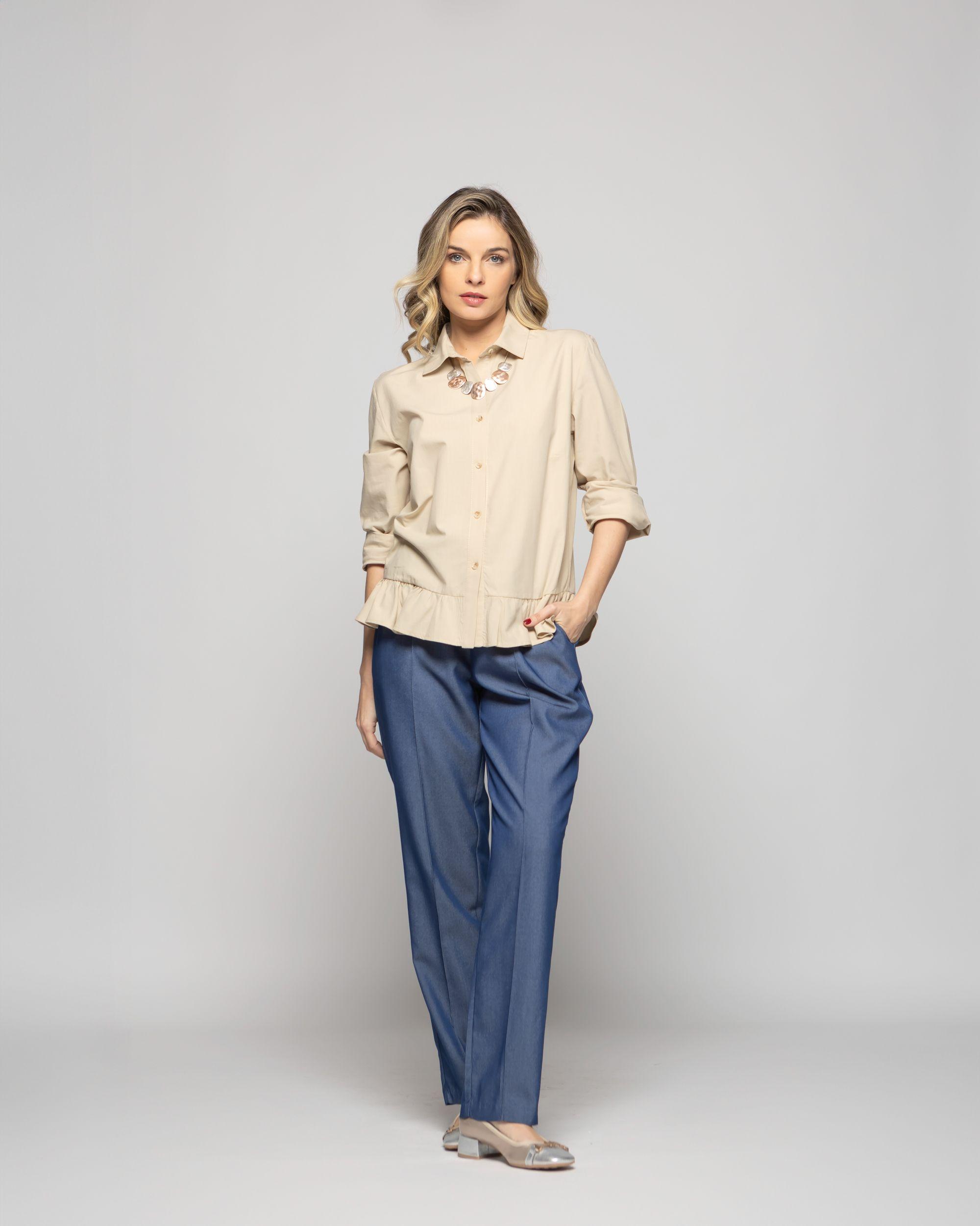 Blusa Mujer Cala Camisera Lisa Con Volante En Basta Blanca Beige Ludovica-1