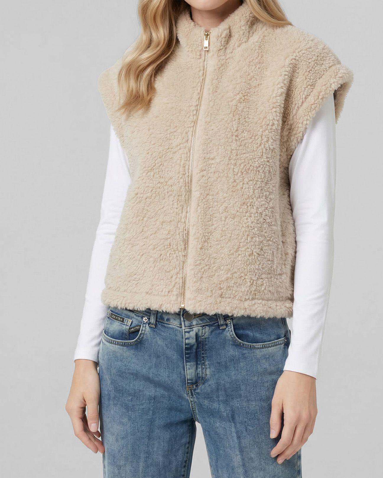 Gillet Mujer Antonia Relaxed Cuello Medio Alto Con Cierre Manga Caída Beige Lineatre-2