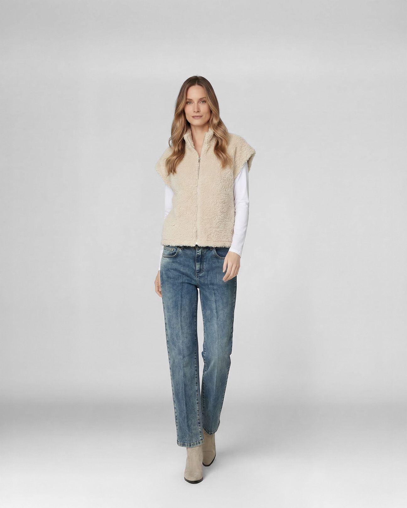 Gillet Mujer Antonia Relaxed Cuello Medio Alto Con Cierre Manga Caída Beige Lineatre-3