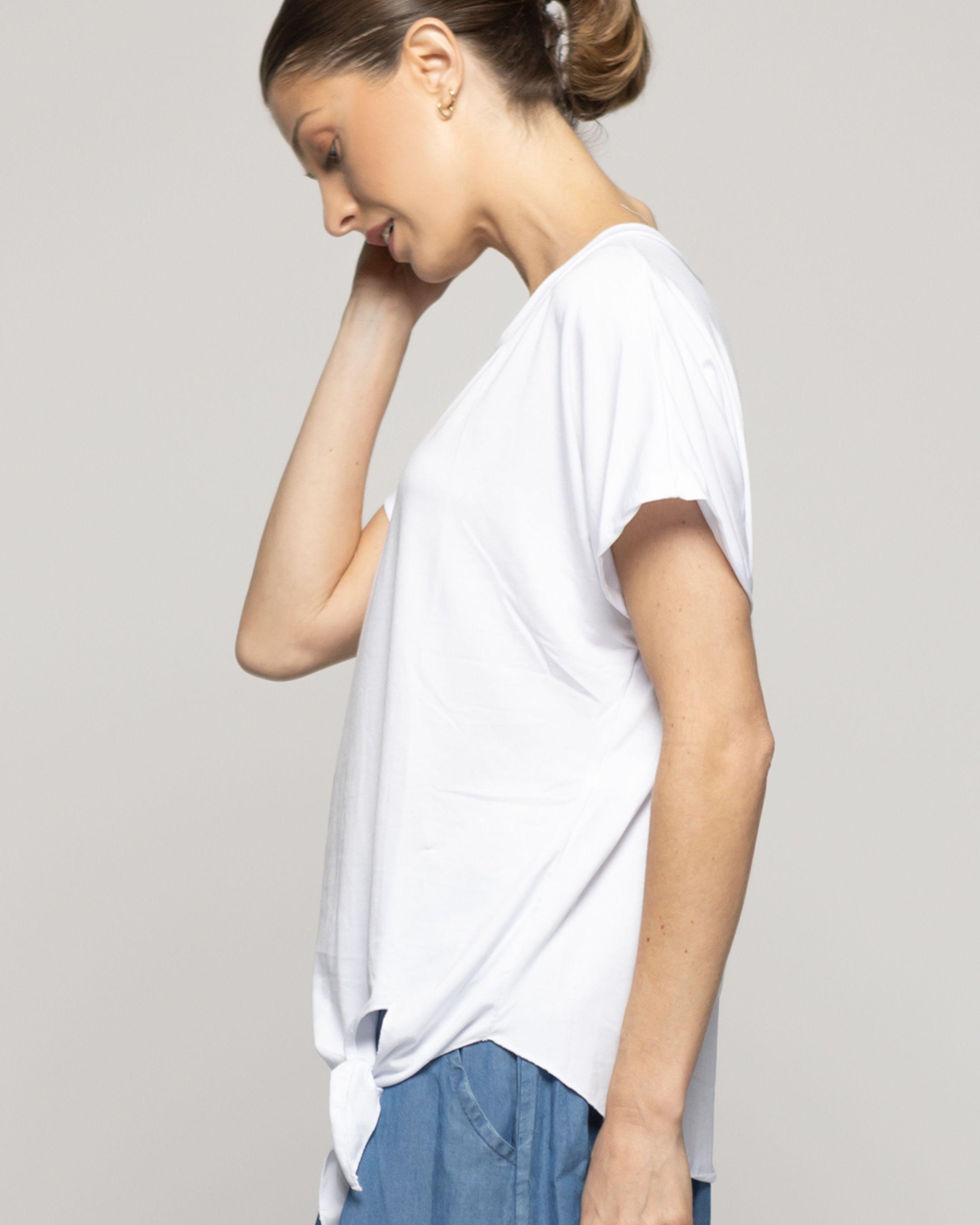 Polera Mujer Orieta Básica Manga Corta Con Amarra Lateral Blanca Lineatre-3