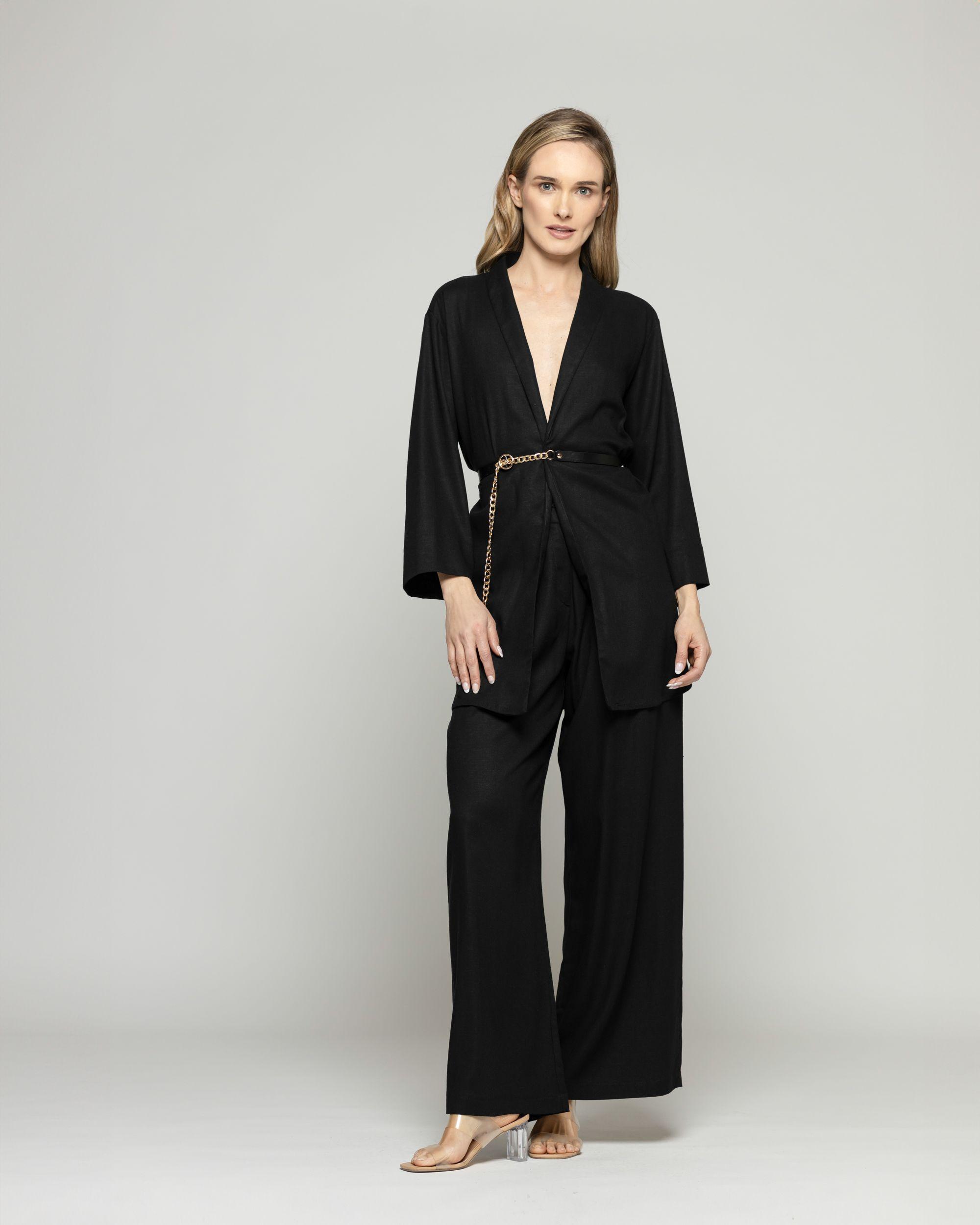 Túnica Kimono Mujer Verbena Manga 3/4 Con Cinturón Negro Ludovica-2