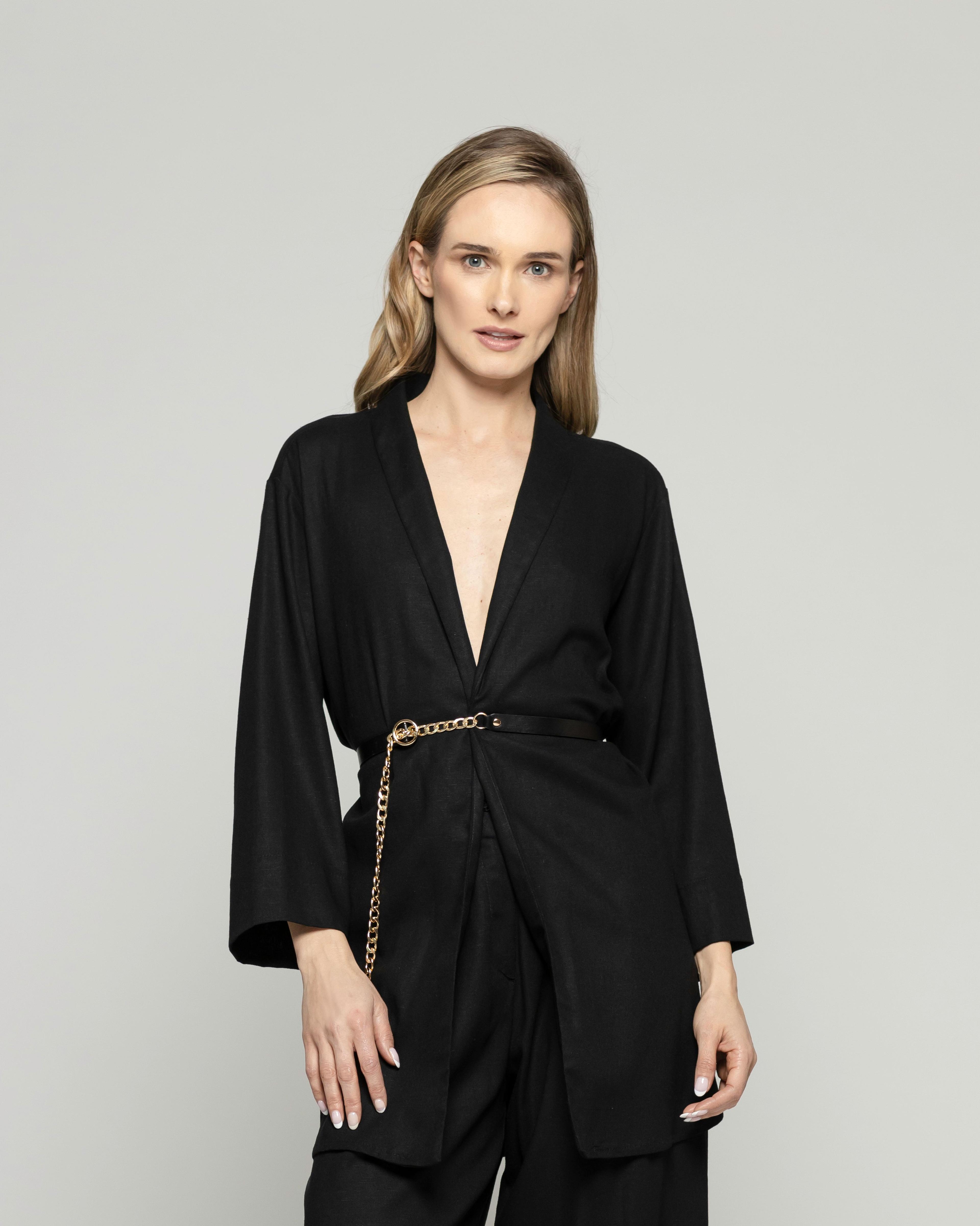 Túnica Kimono Mujer Verbena Manga 3/4 Con Cinturón Negro Ludovica-3