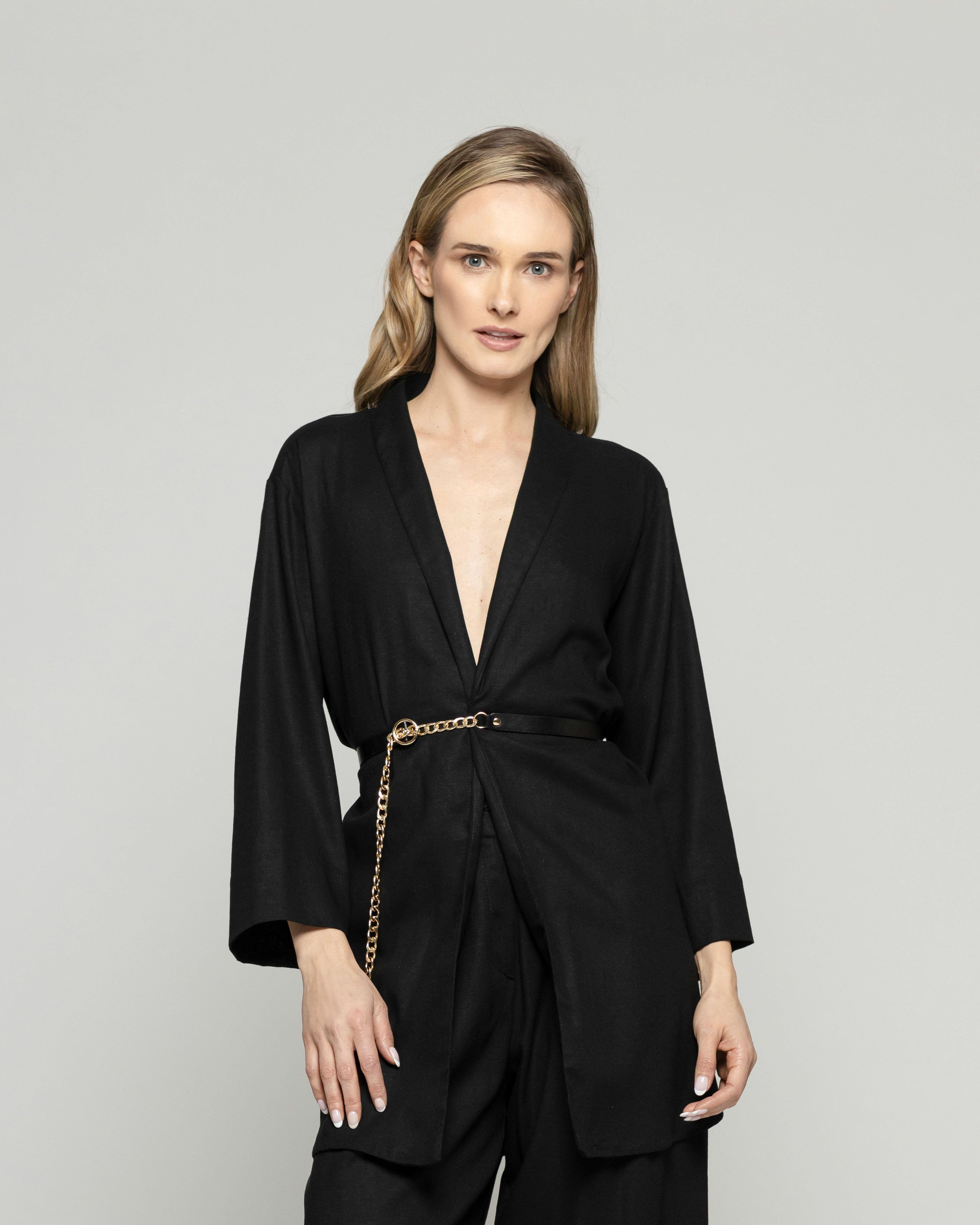 Túnica Kimono Mujer Verbena Manga 3/4 Con Cinturón Negro Ludovica-4