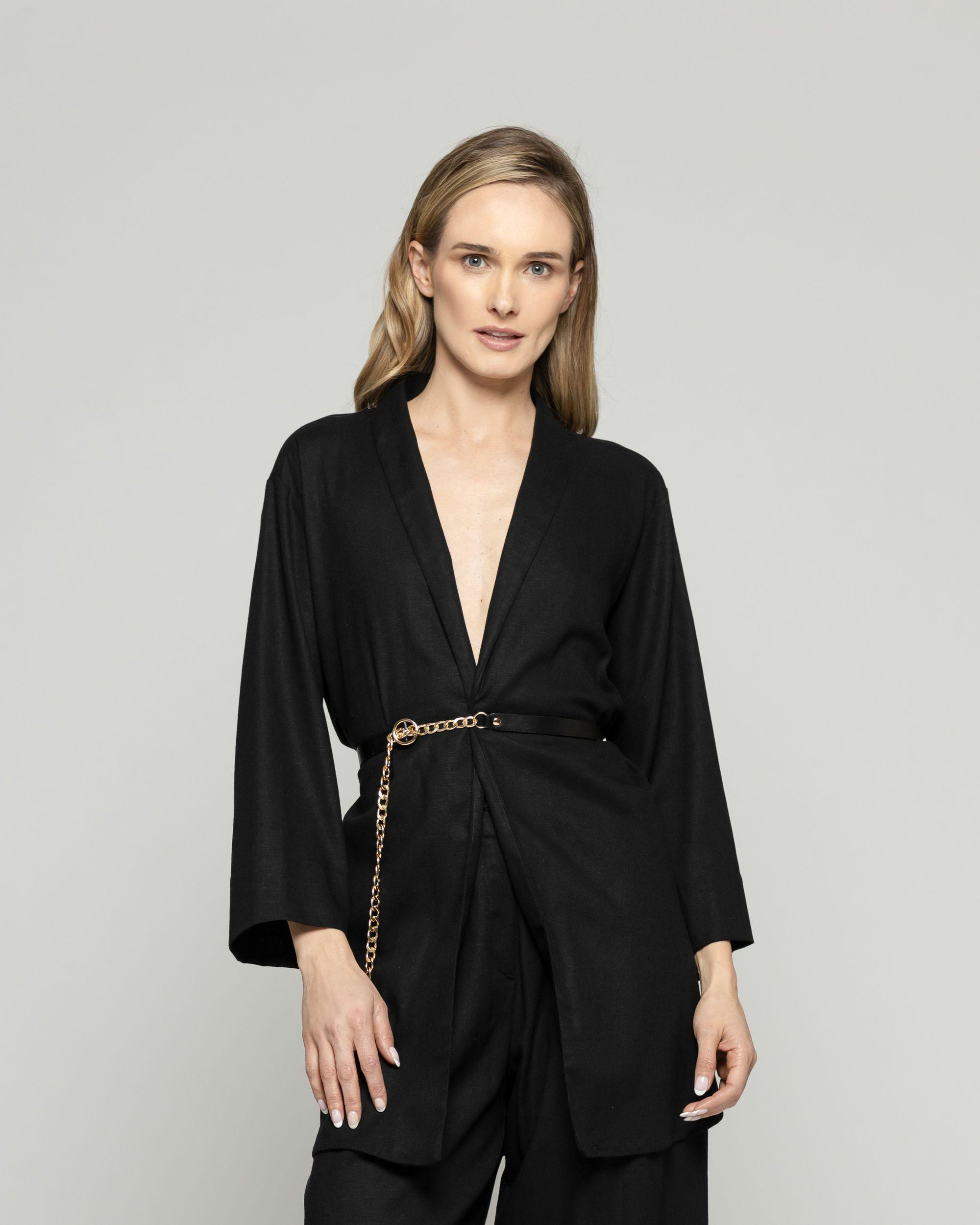 Túnica Kimono Mujer Verbena Manga 3/4 Con Cinturón Negro Ludovica-5