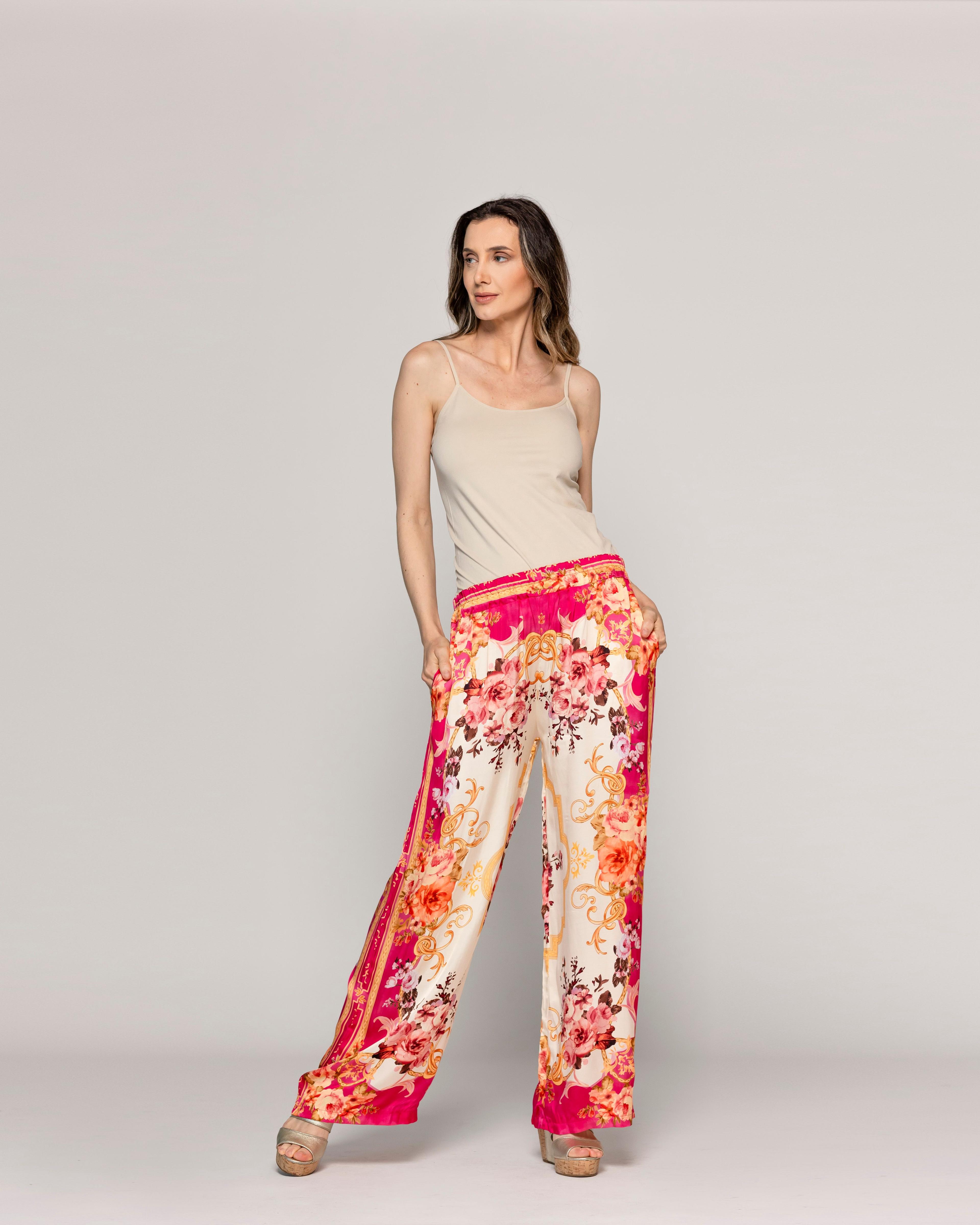 Pantalón Mujer Brenna Satinado Estampado Barroco Fucsia Lineatre-0