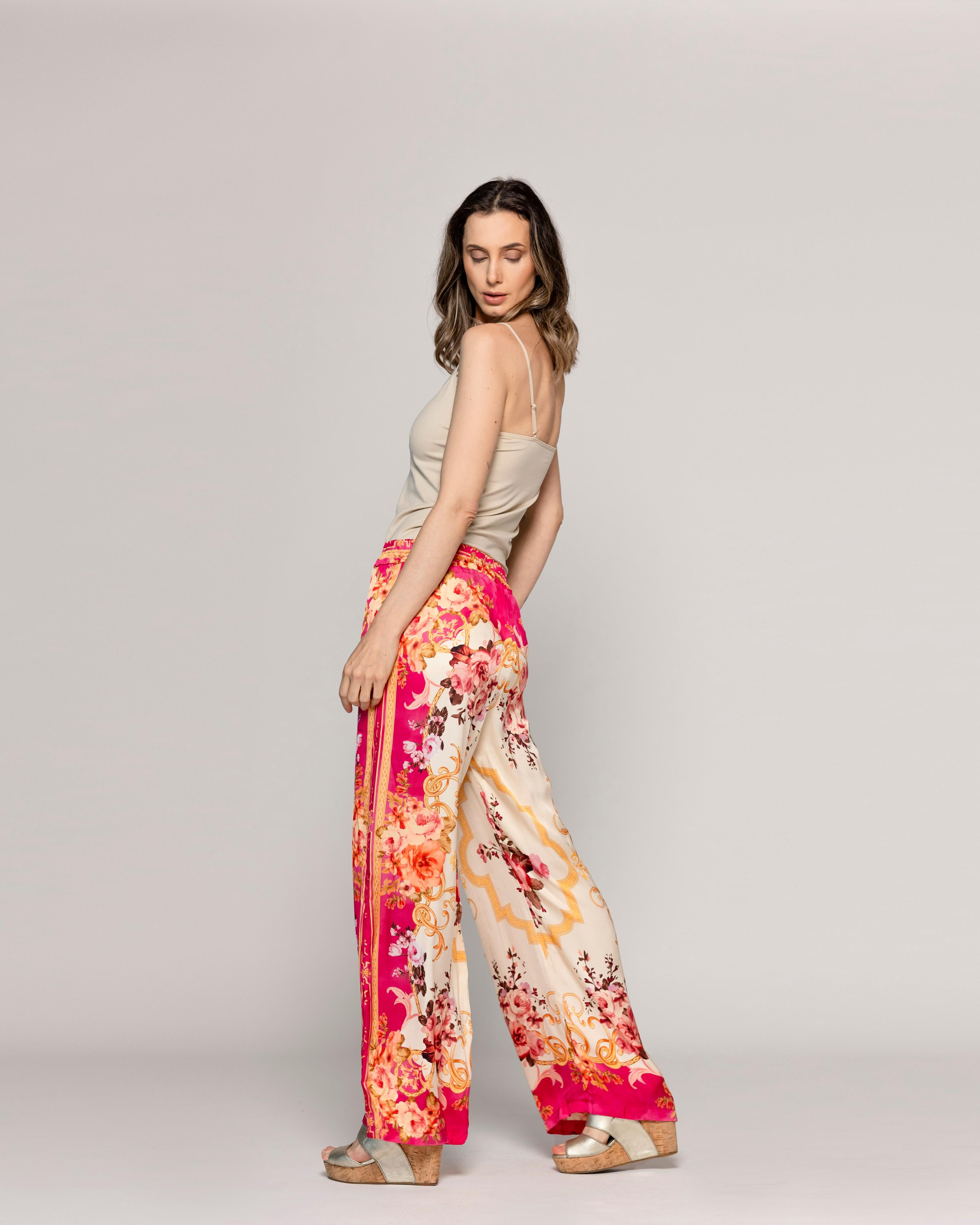 Pantalón Mujer Brenna Satinado Estampado Barroco Fucsia Lineatre-2