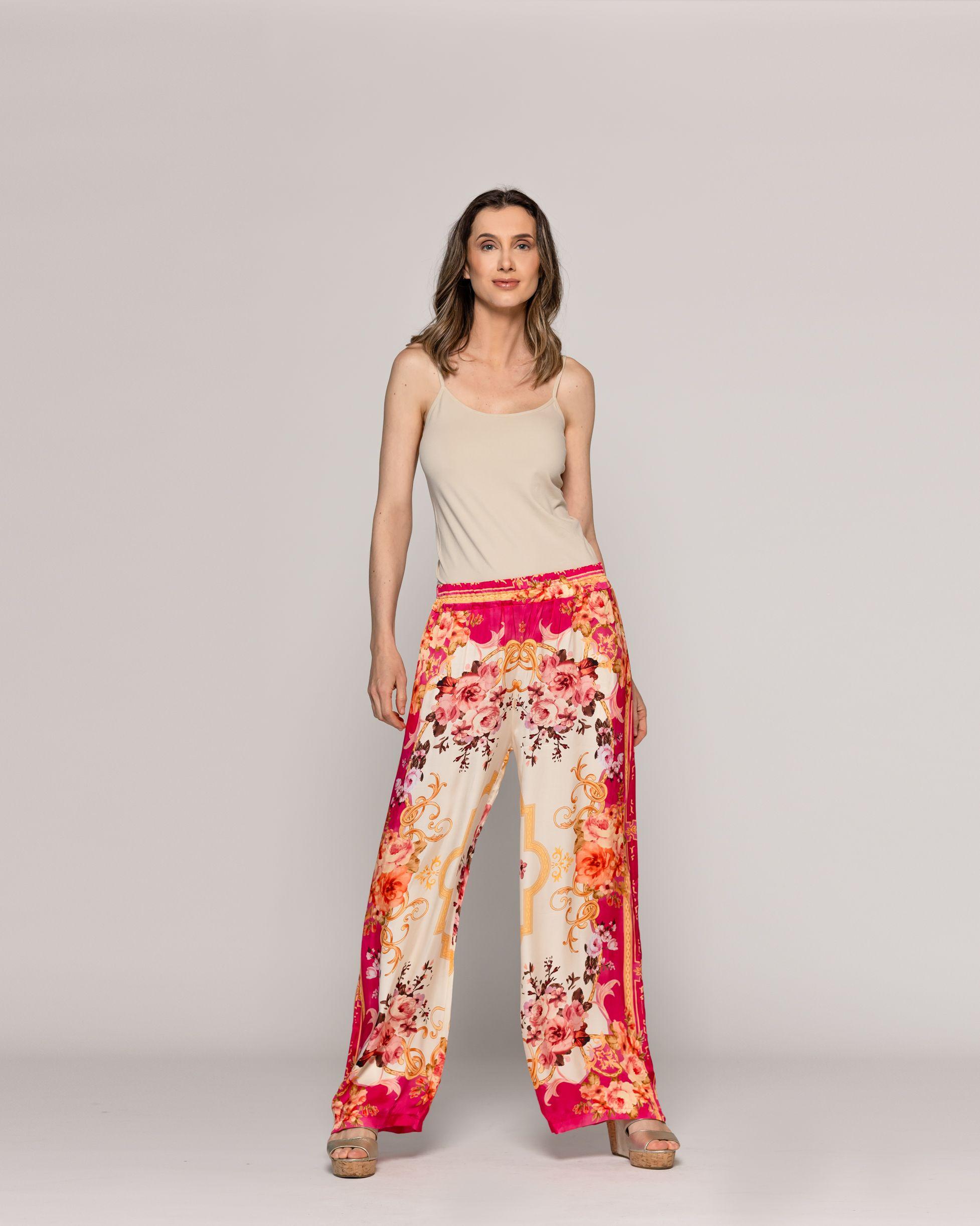 Pantalón Mujer Brenna Satinado Estampado Barroco Fucsia Lineatre-4