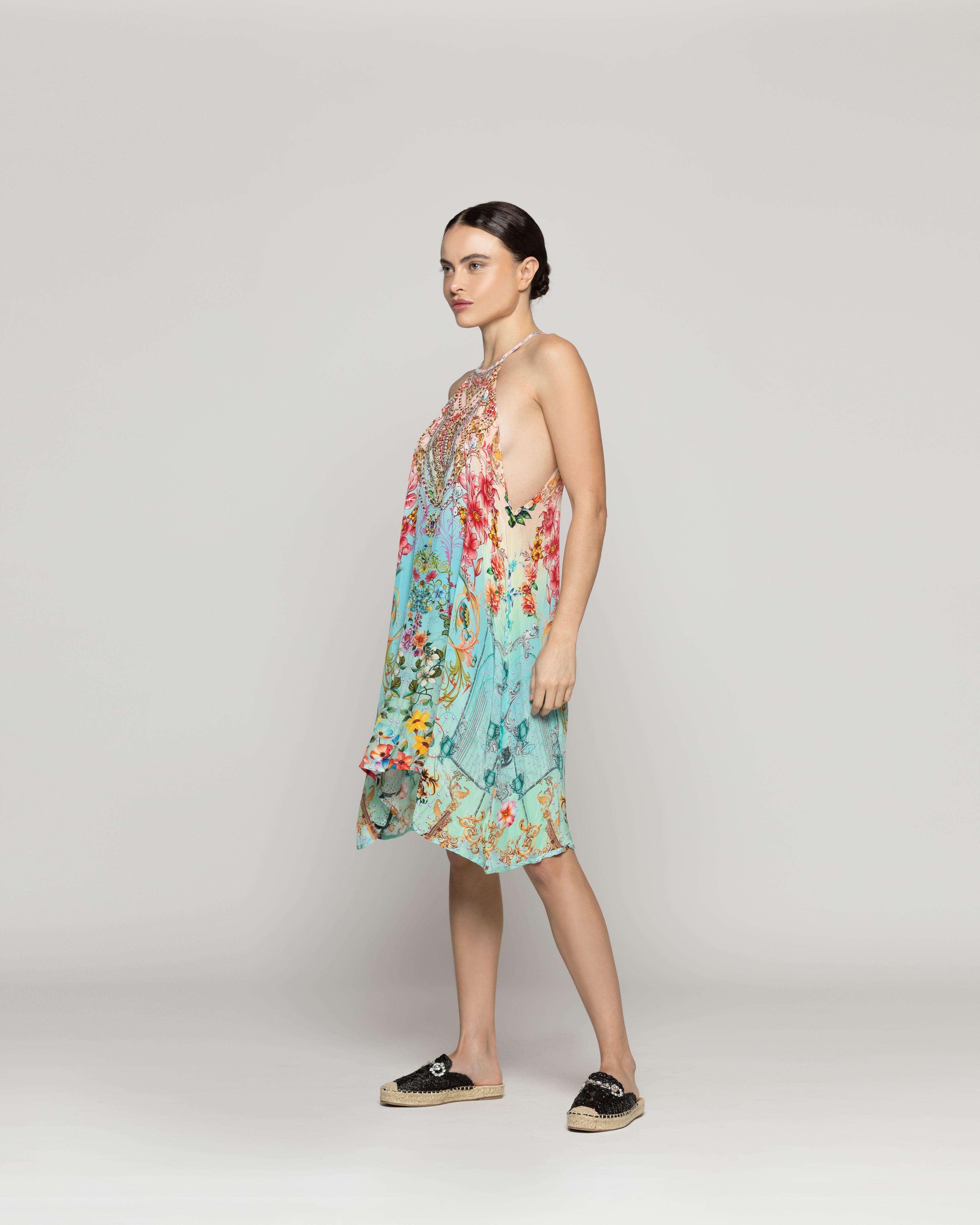 Vestido Mujer Varya Corto Cuello Halter Estampado Verde Turquesa Lineatre-1