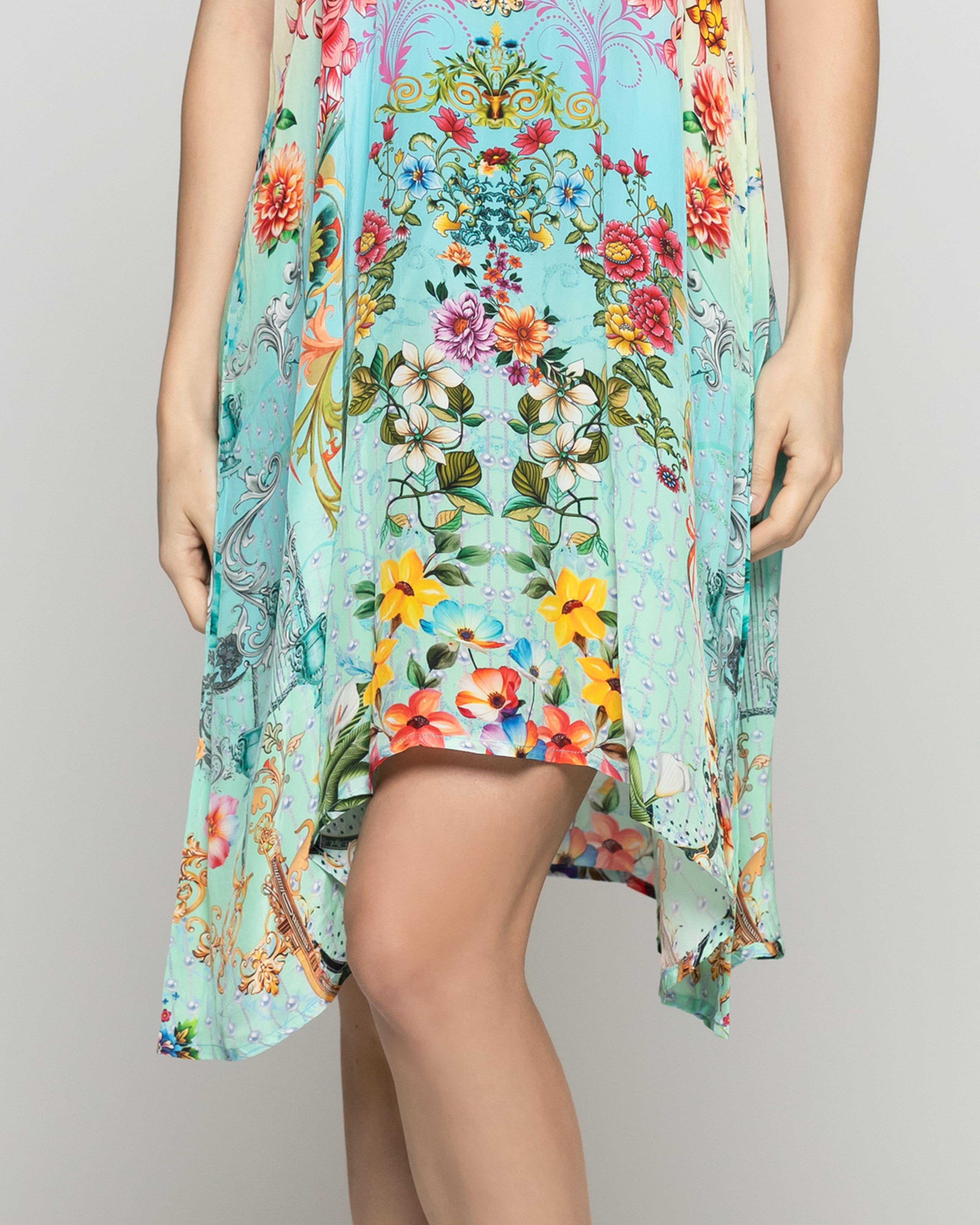 Vestido Mujer Varya Corto Cuello Halter Estampado Verde Turquesa Lineatre-2