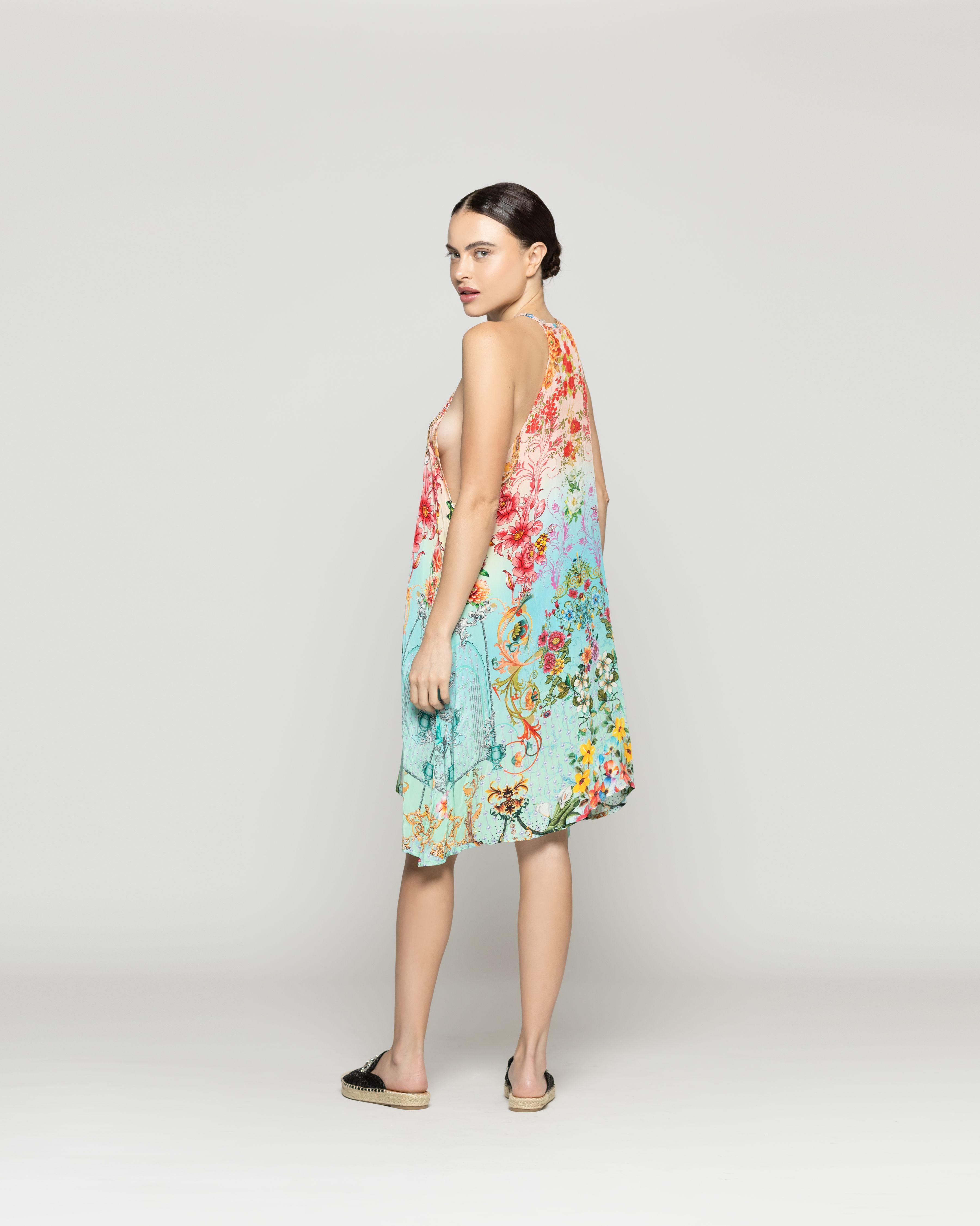 Vestido Mujer Varya Corto Cuello Halter Estampado Verde Turquesa Lineatre-3