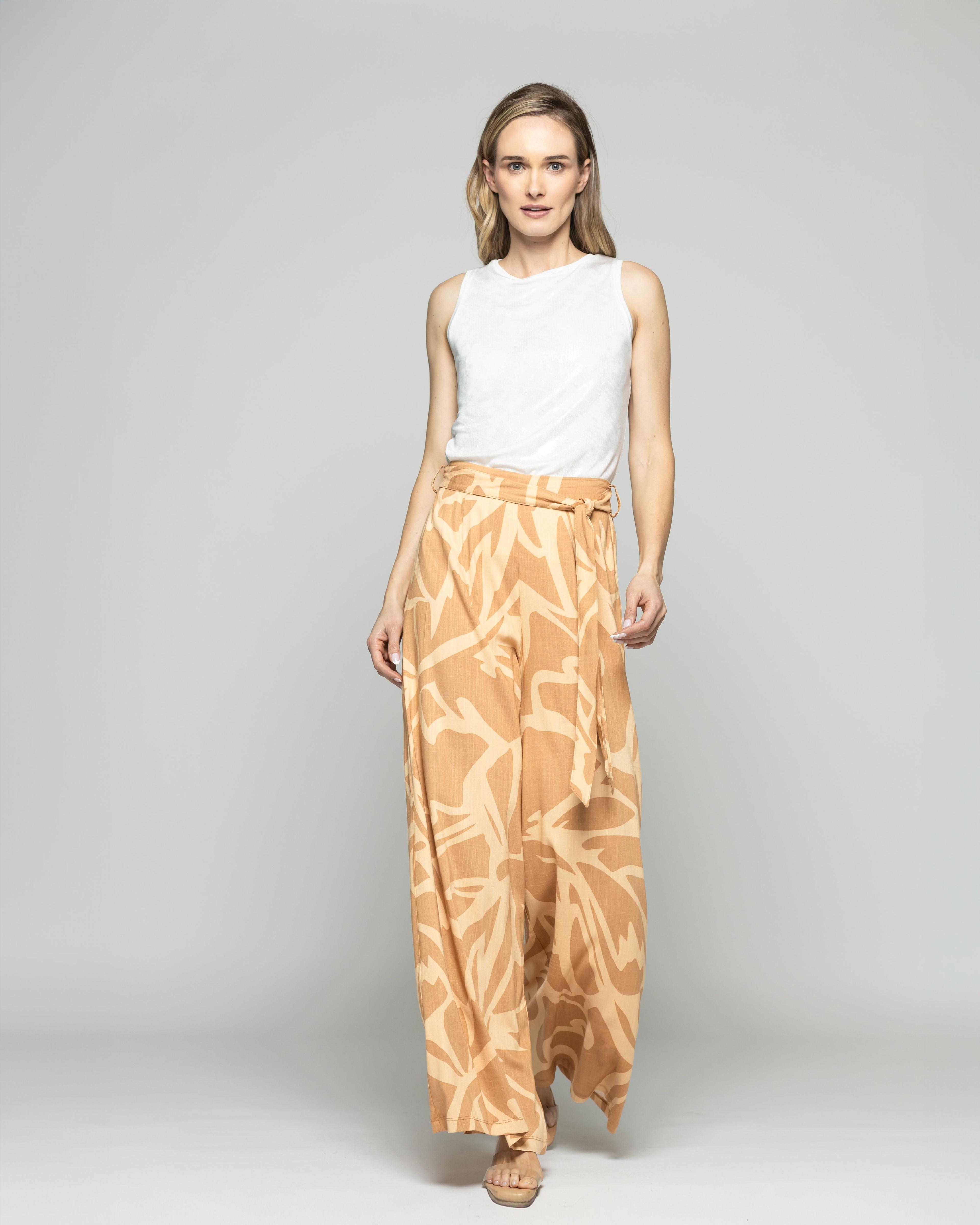 Pantalón Mujer Senecio Palazzo Viscosa Con Lazo Estampado Café Caramelo Ludovica-7
