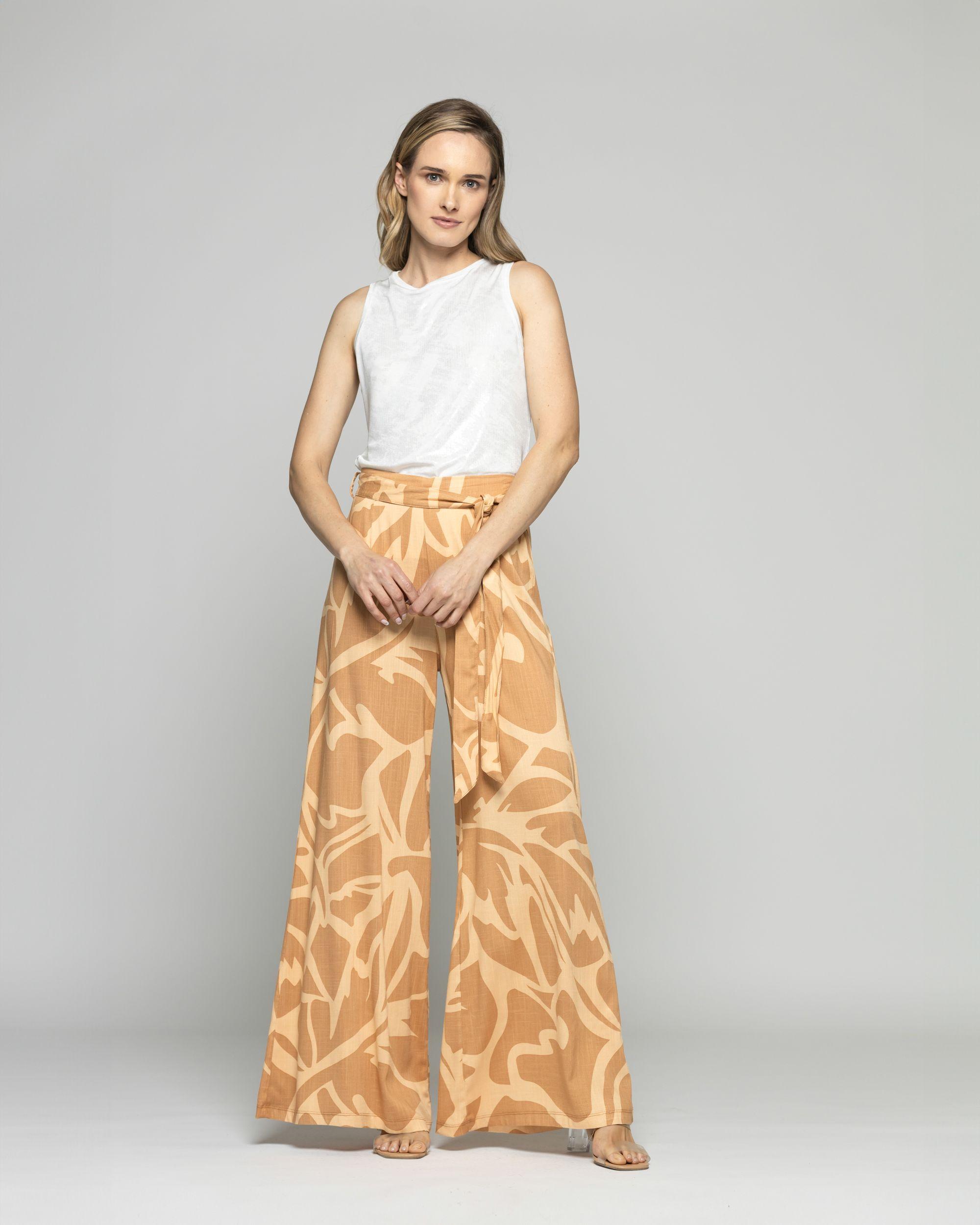 Pantalón Mujer Senecio Palazzo Viscosa Con Lazo Estampado Café Caramelo Ludovica-1