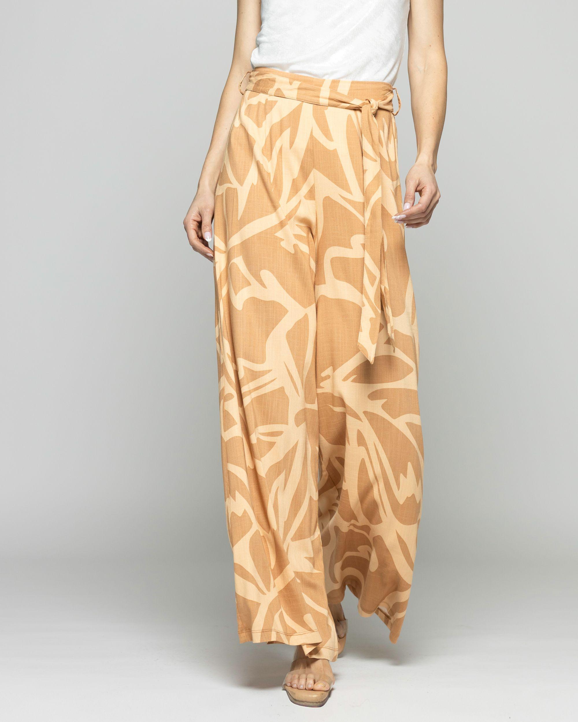 Pantalón Mujer Senecio Palazzo Viscosa Con Lazo Estampado Café Caramelo Ludovica-2