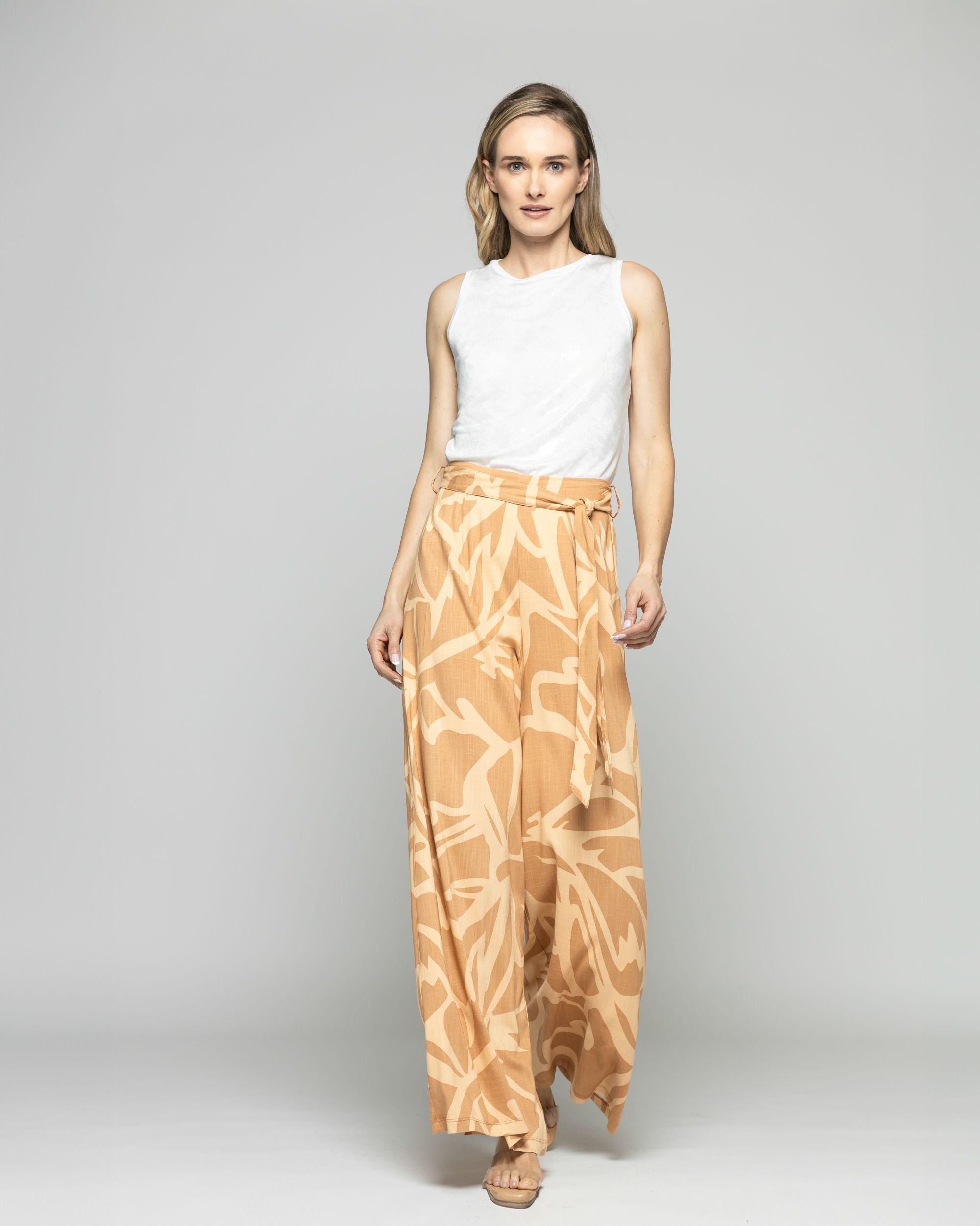 Pantalón Mujer Senecio Palazzo Viscosa Con Lazo Estampado Café Caramelo Ludovica-8