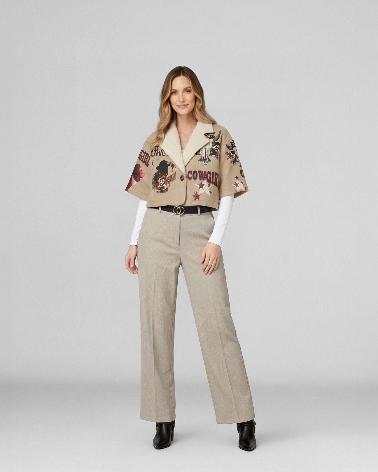 Chaqueta Mujer Ida Relaxed Cuello Con Solapa Manga Acampanada Taupe Lineatre-3