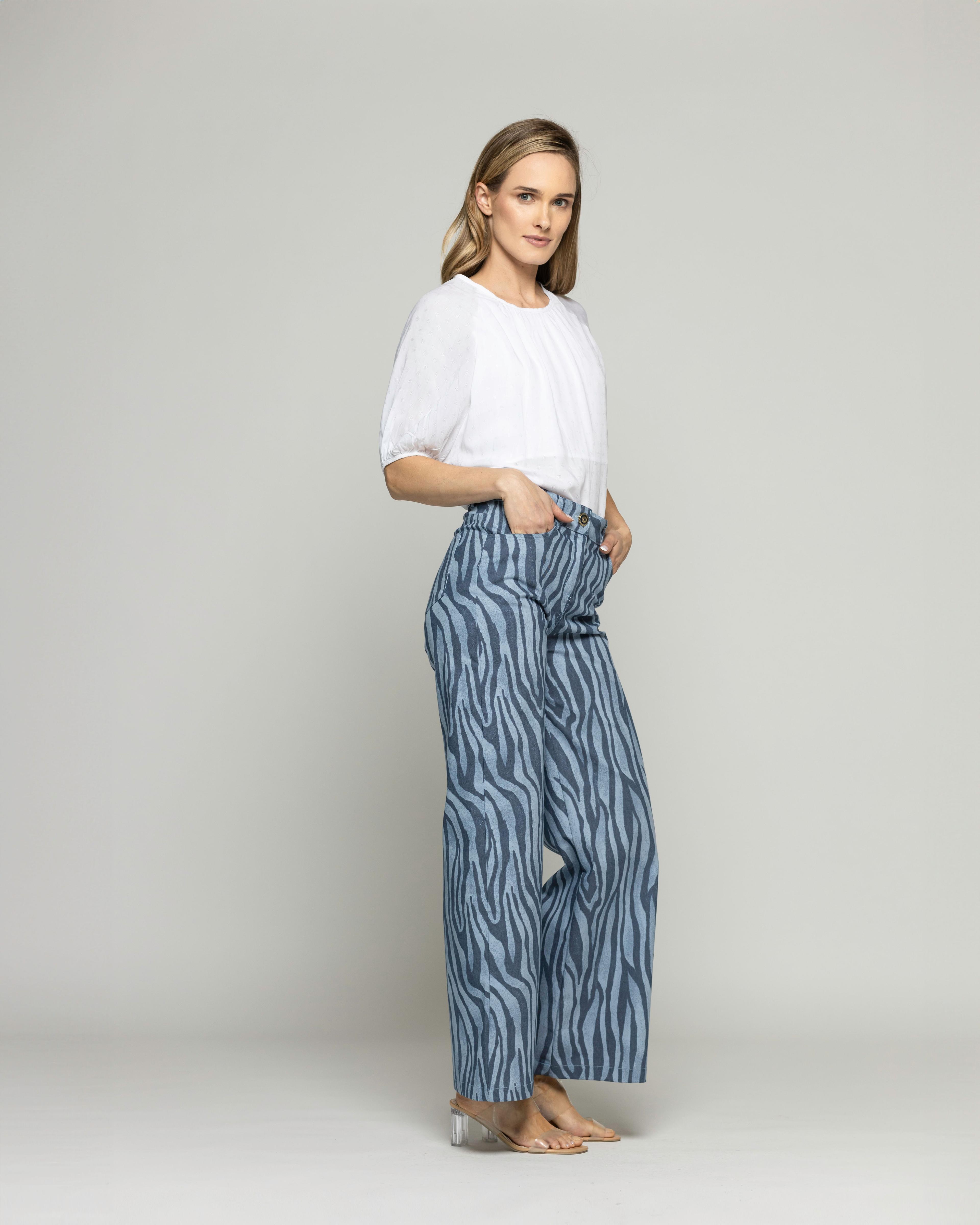 Pantalón Mujer Sakura Palazzo Algodón Estampado Cebra Azul Ludovica-2