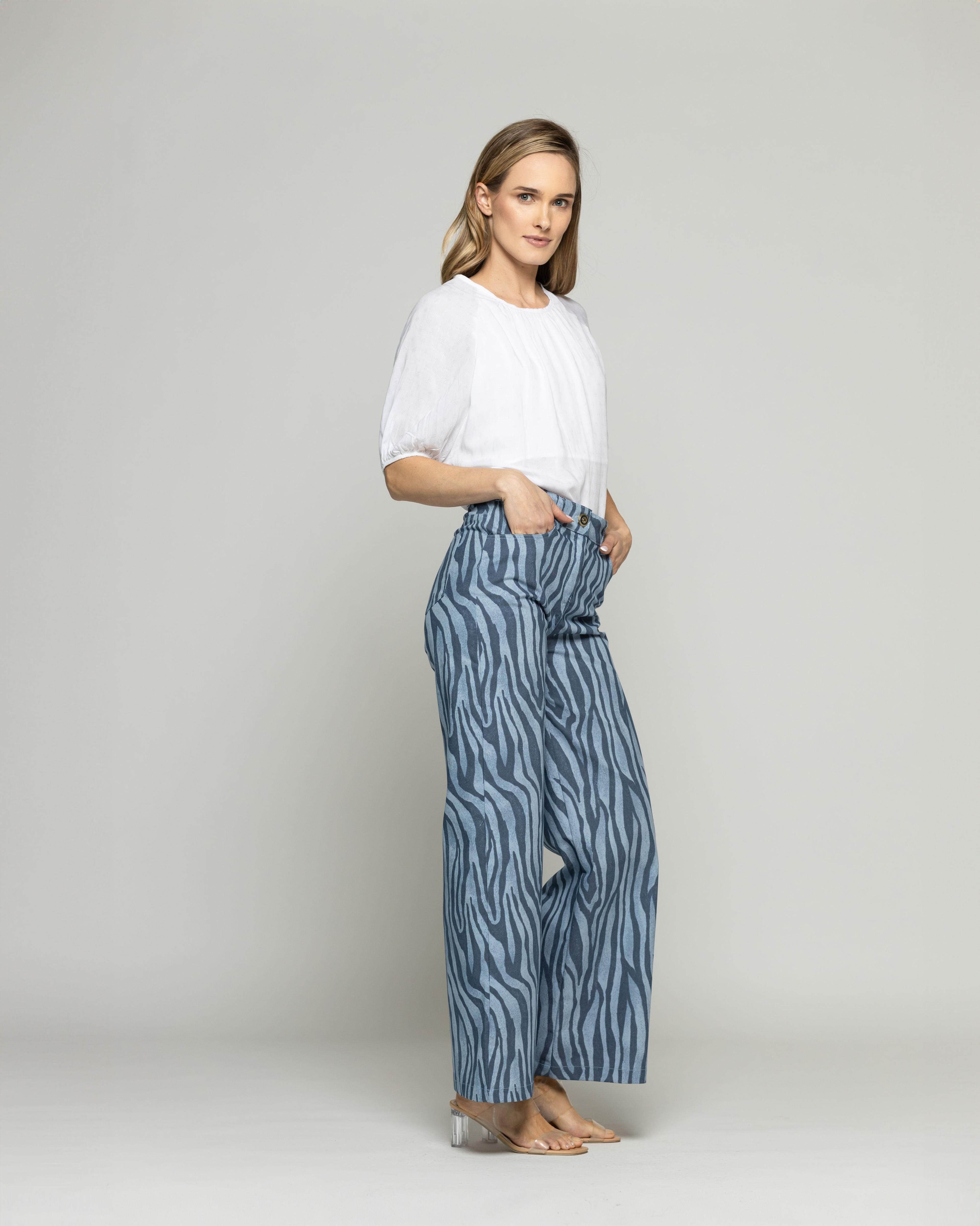 Pantalón Mujer Sakura Palazzo Algodón Estampado Cebra Azul Ludovica-3