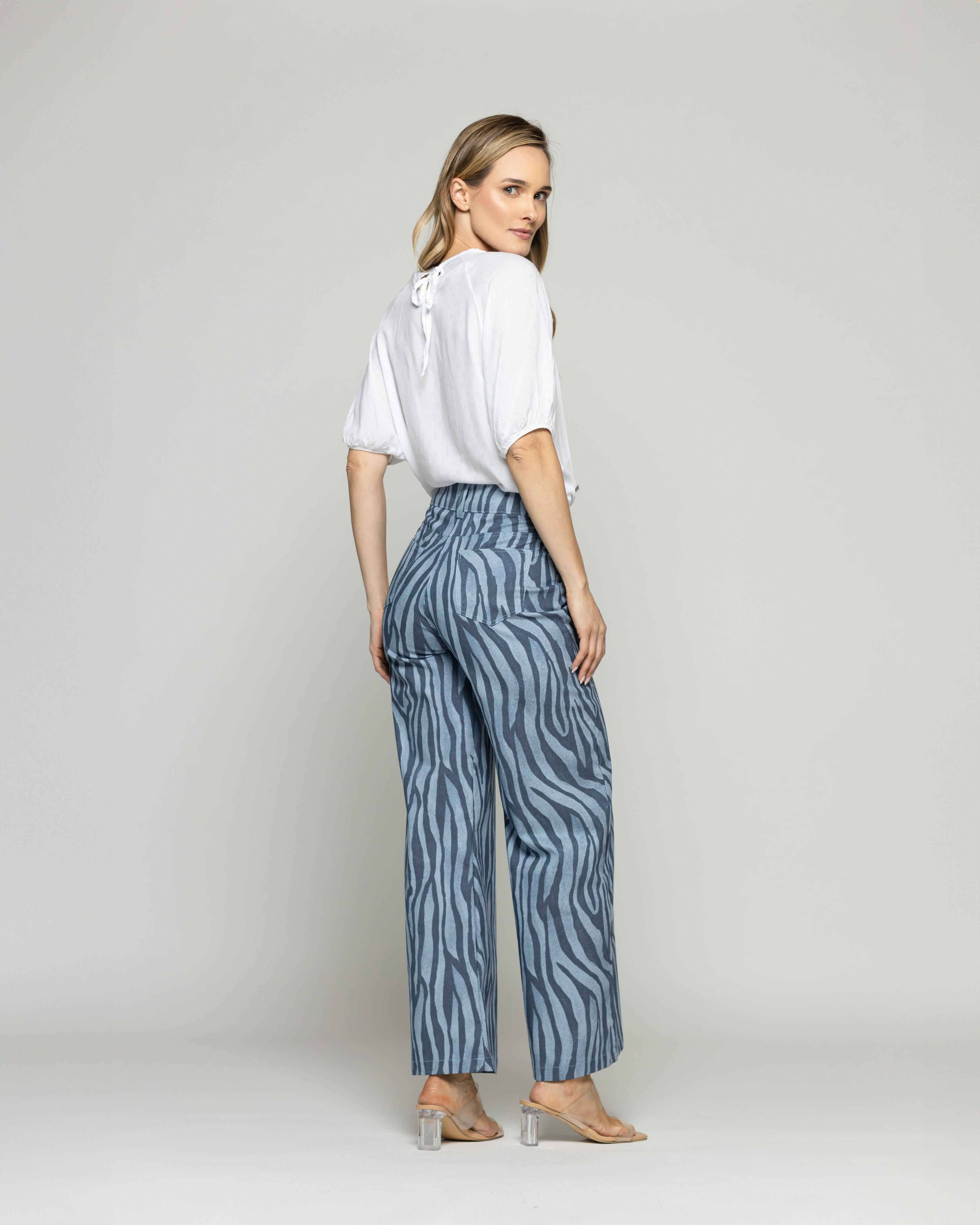 Pantalón Mujer Sakura Palazzo Algodón Estampado Cebra Azul Ludovica-4