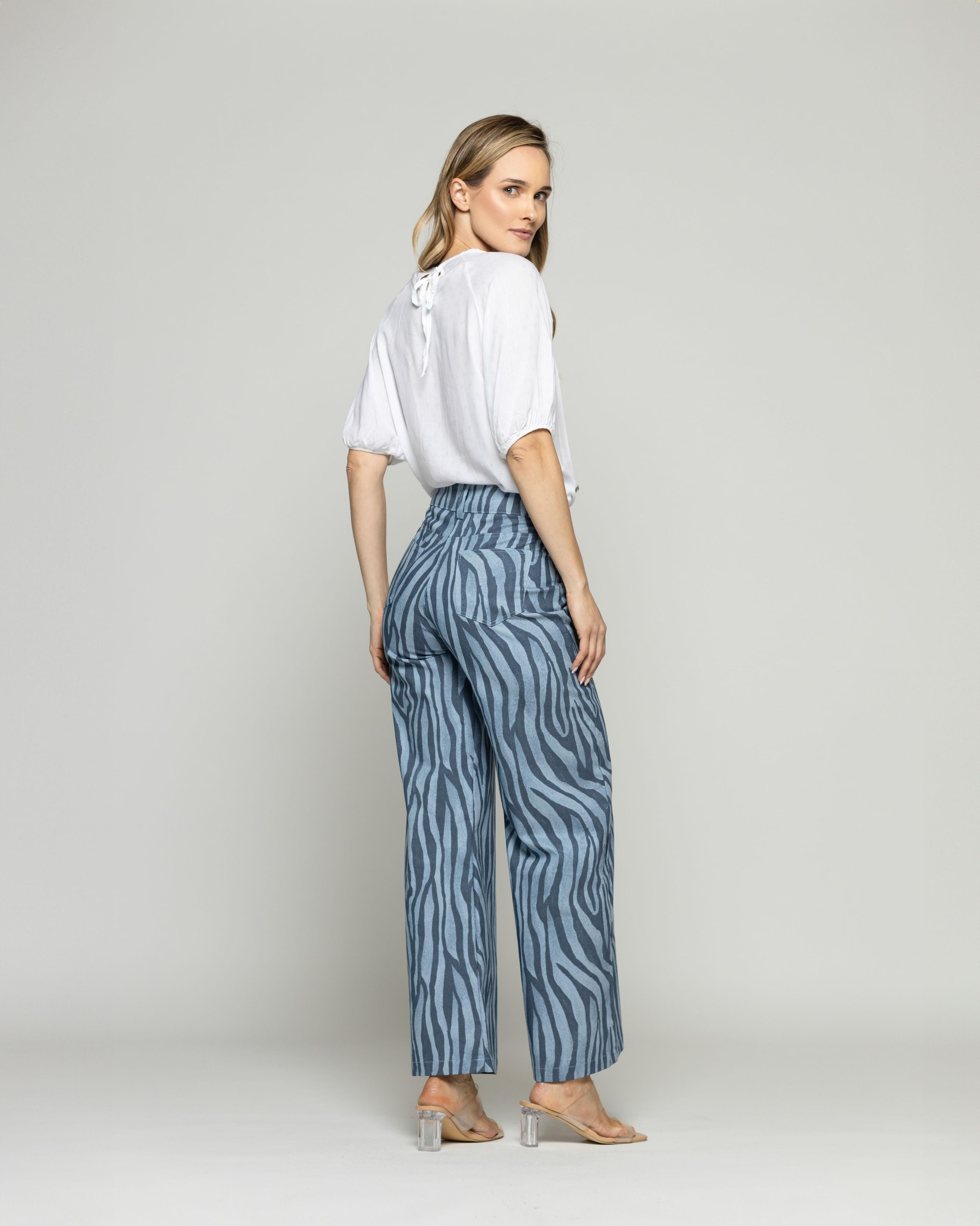 Pantalón Mujer Sakura Palazzo Algodón Estampado Cebra Azul Ludovica-5