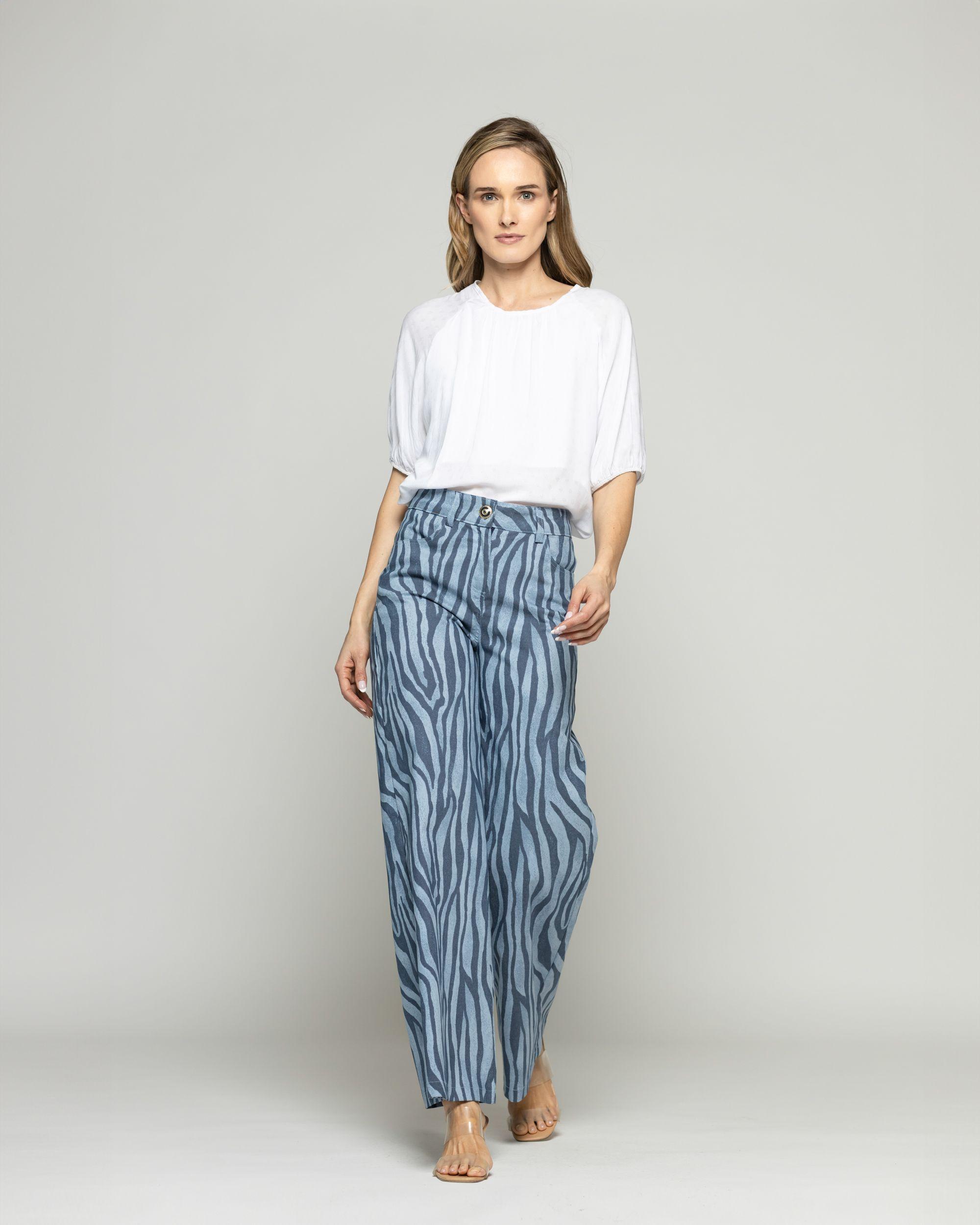 Pantalón Mujer Sakura Palazzo Algodón Estampado Cebra Azul Ludovica-1