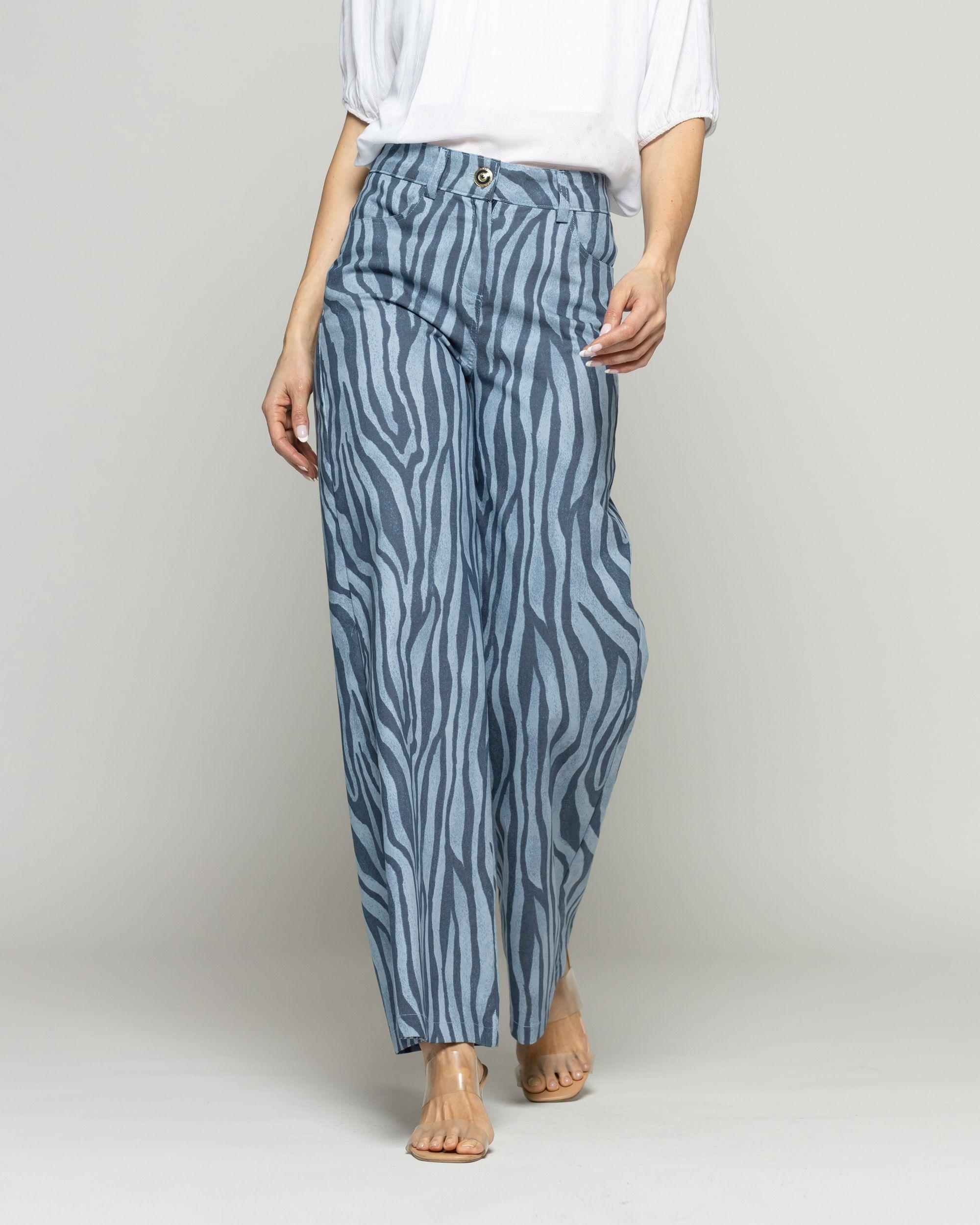 Pantalón Mujer Sakura Palazzo Algodón Estampado Cebra Azul Ludovica-2