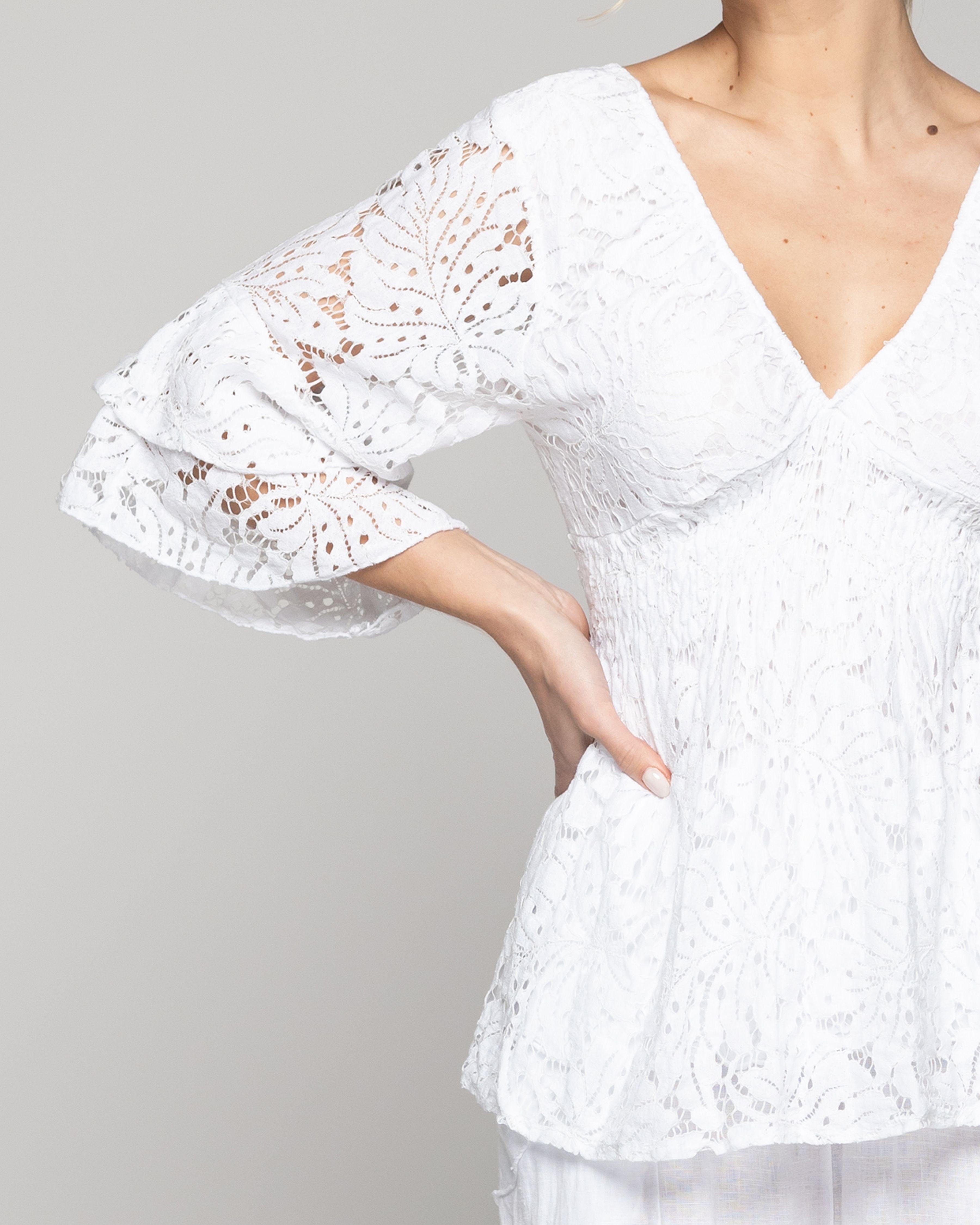 Blusa Mujer Bruna De Encaje Cuello V Blanca Lineatre-2