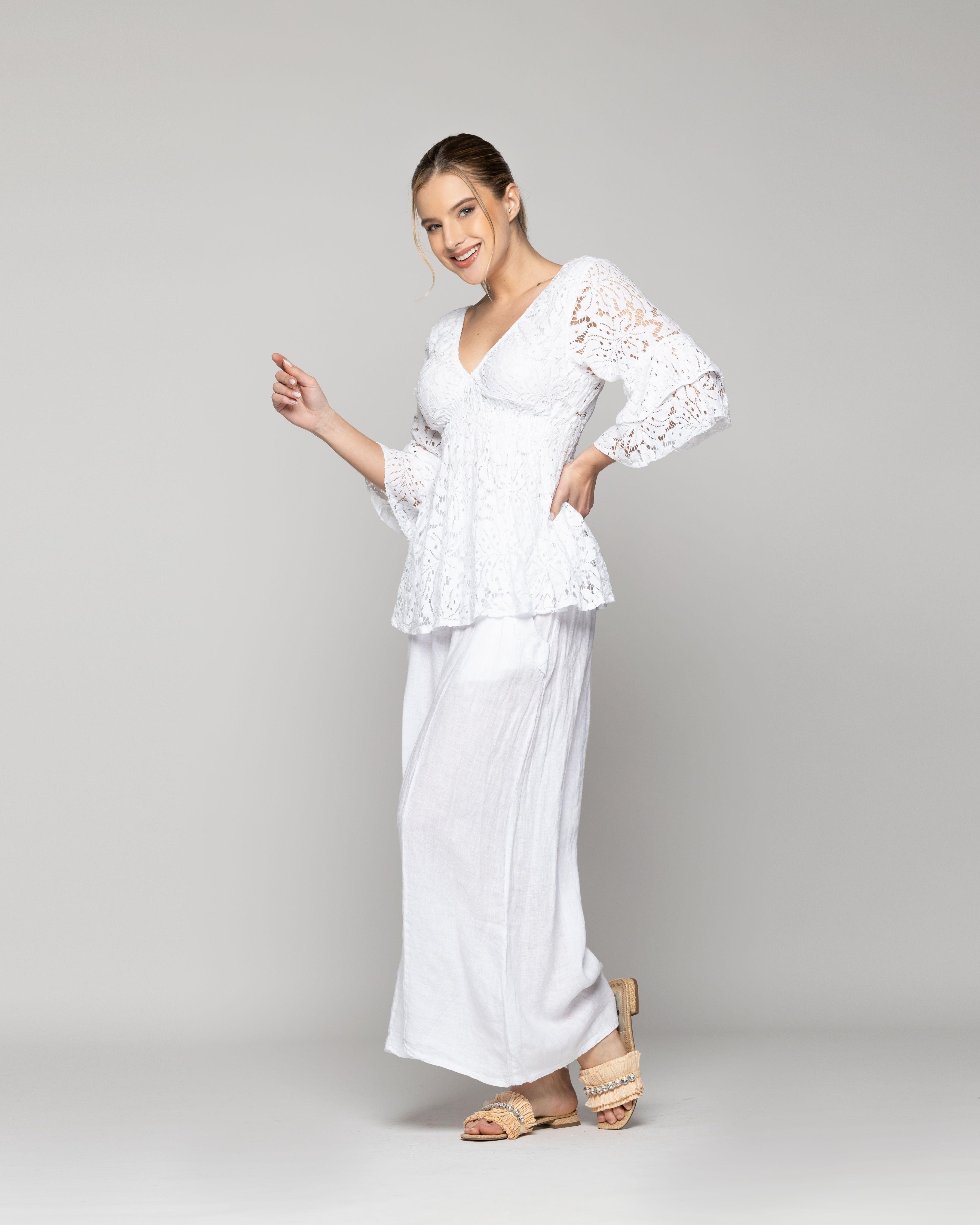 Blusa Mujer Bruna De Encaje Cuello V Blanca Lineatre-3