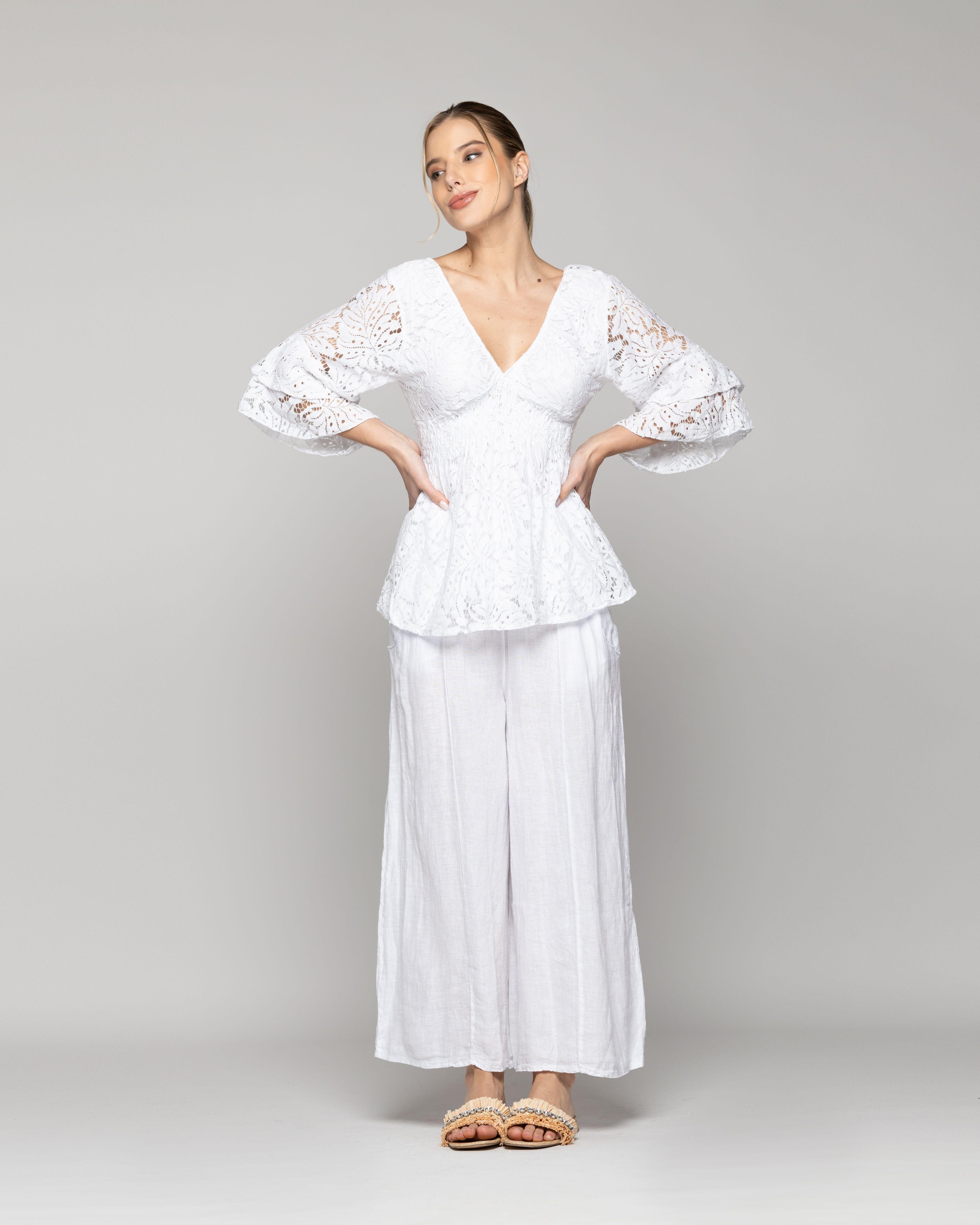 Blusa Mujer Bruna De Encaje Cuello V Blanca Lineatre-4
