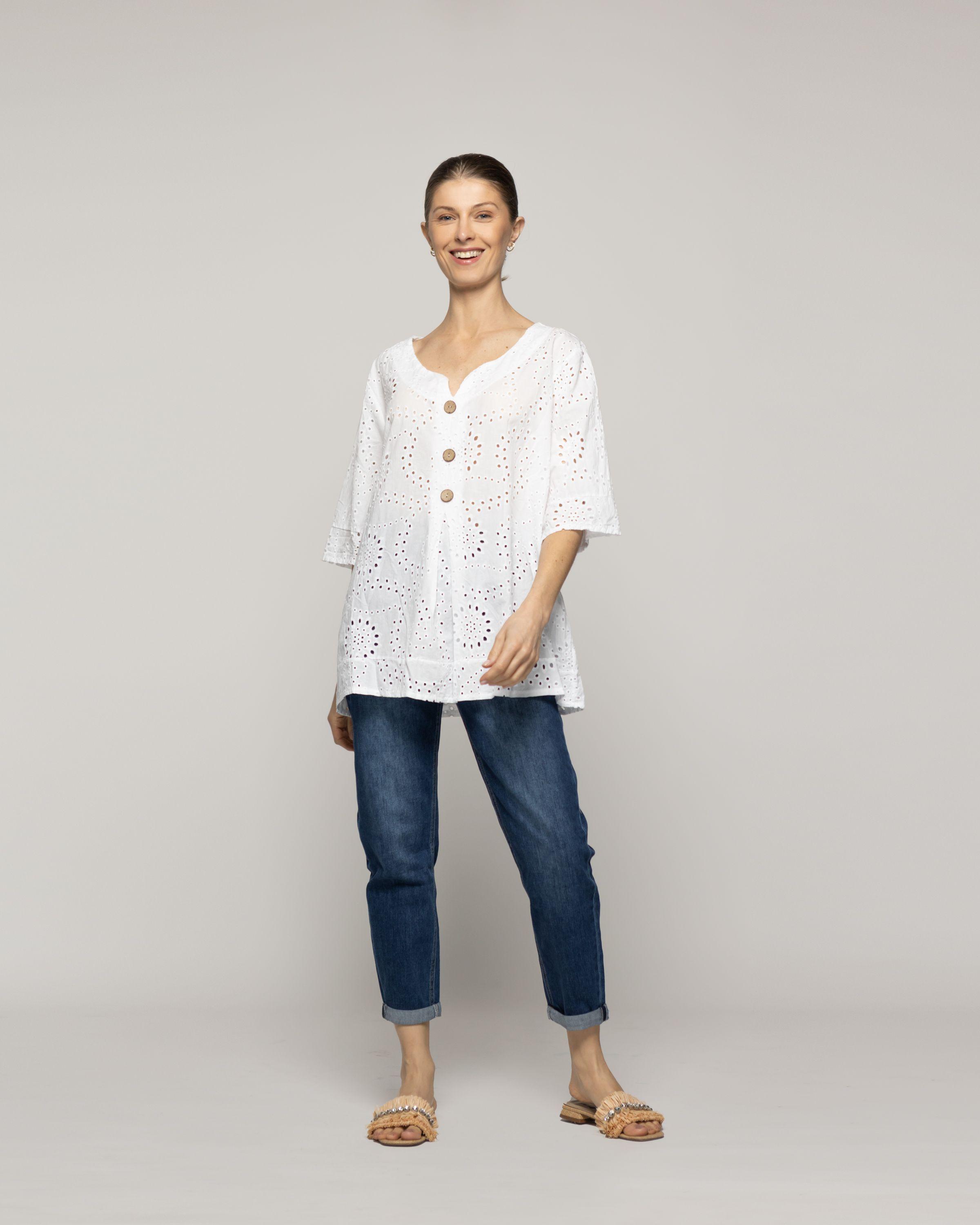 Blusa Mujer Barbara De Algodón Broderie Con Botones Blanca Lineatre-4