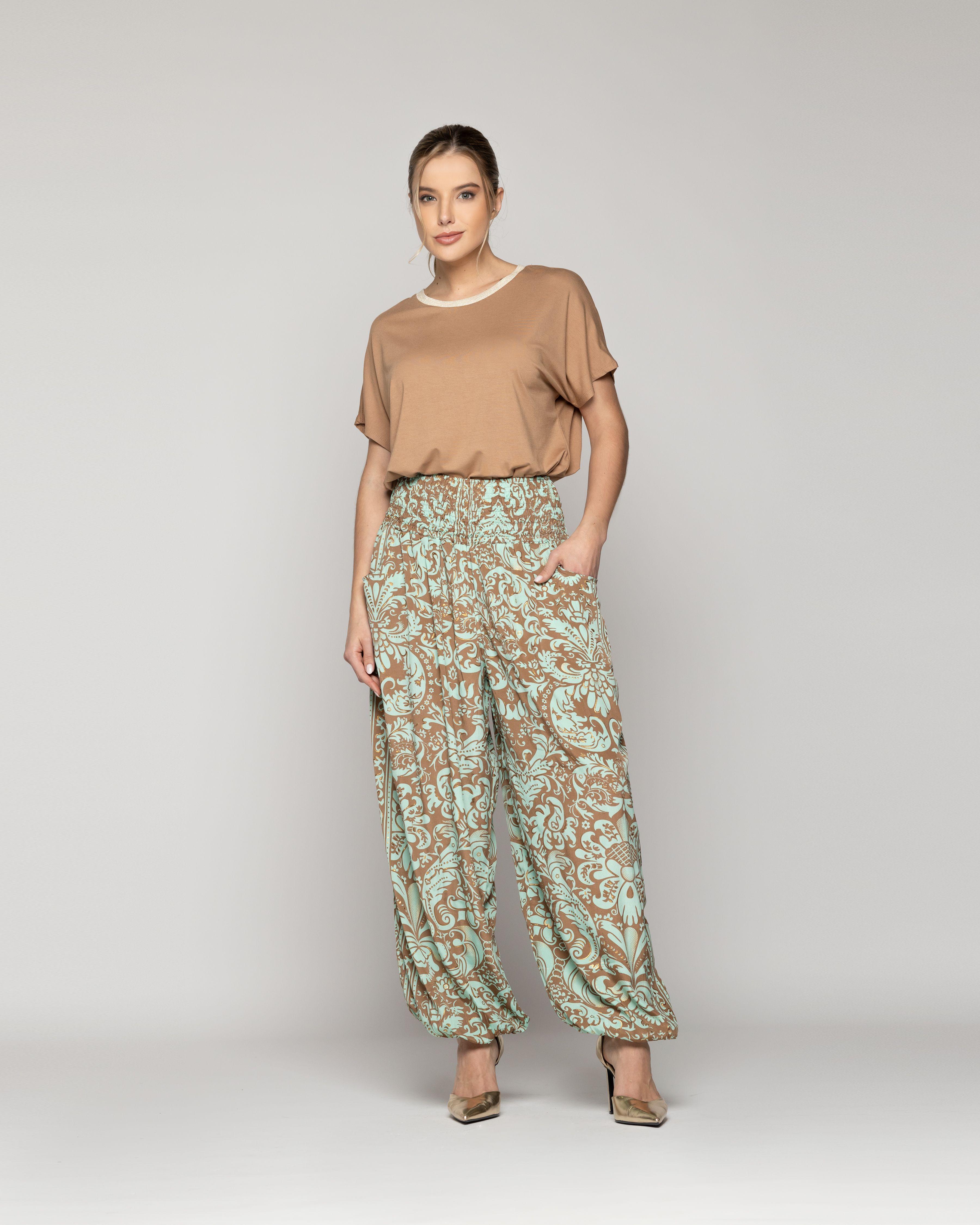 Pantalón Mujer Bombacho Pierangela Estampado Camel Y Verde Agua Con Toques Dorados Lineatre-0