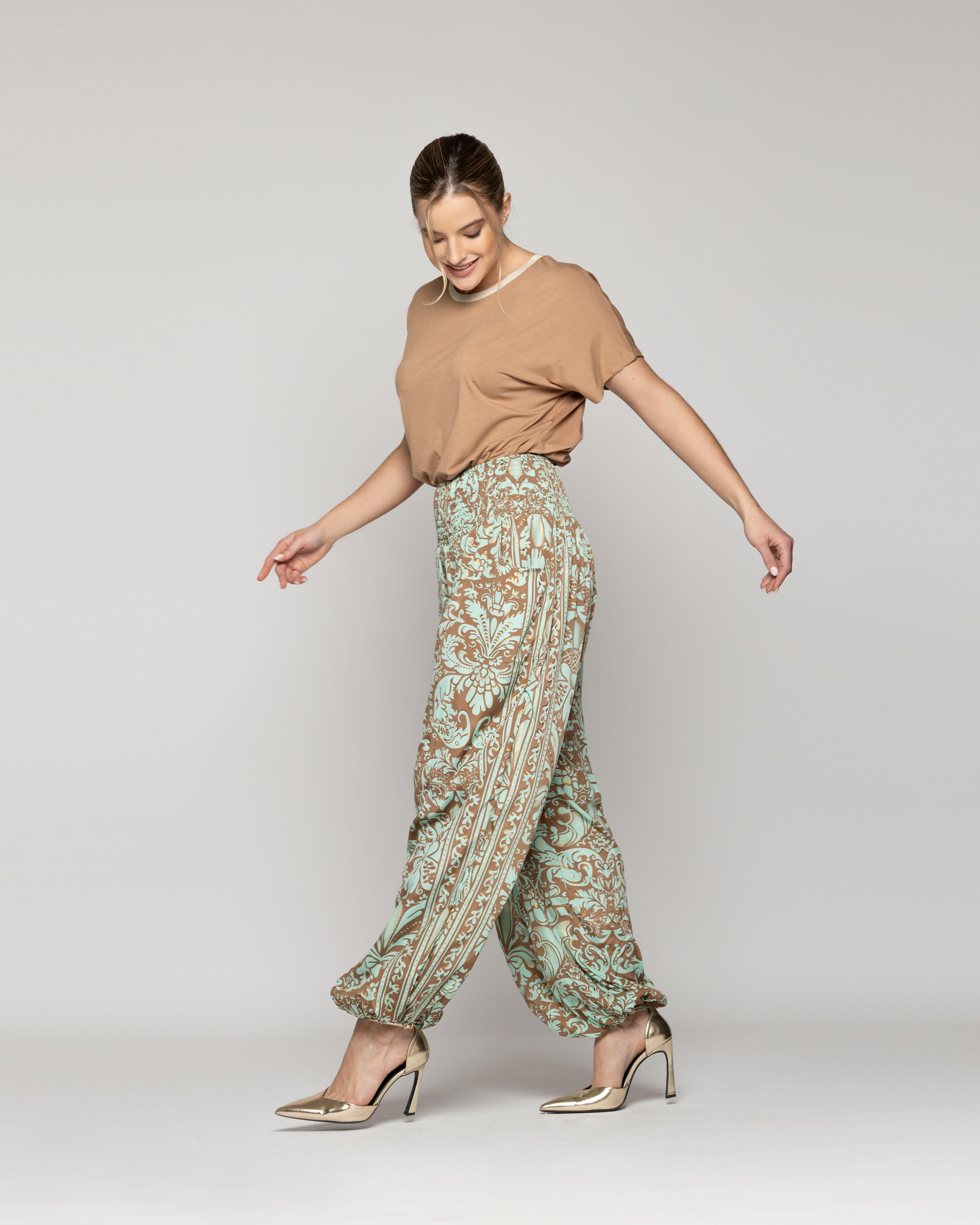 Pantalón Mujer Bombacho Pierangela Estampado Camel Y Verde Agua Con Toques Dorados Lineatre-2