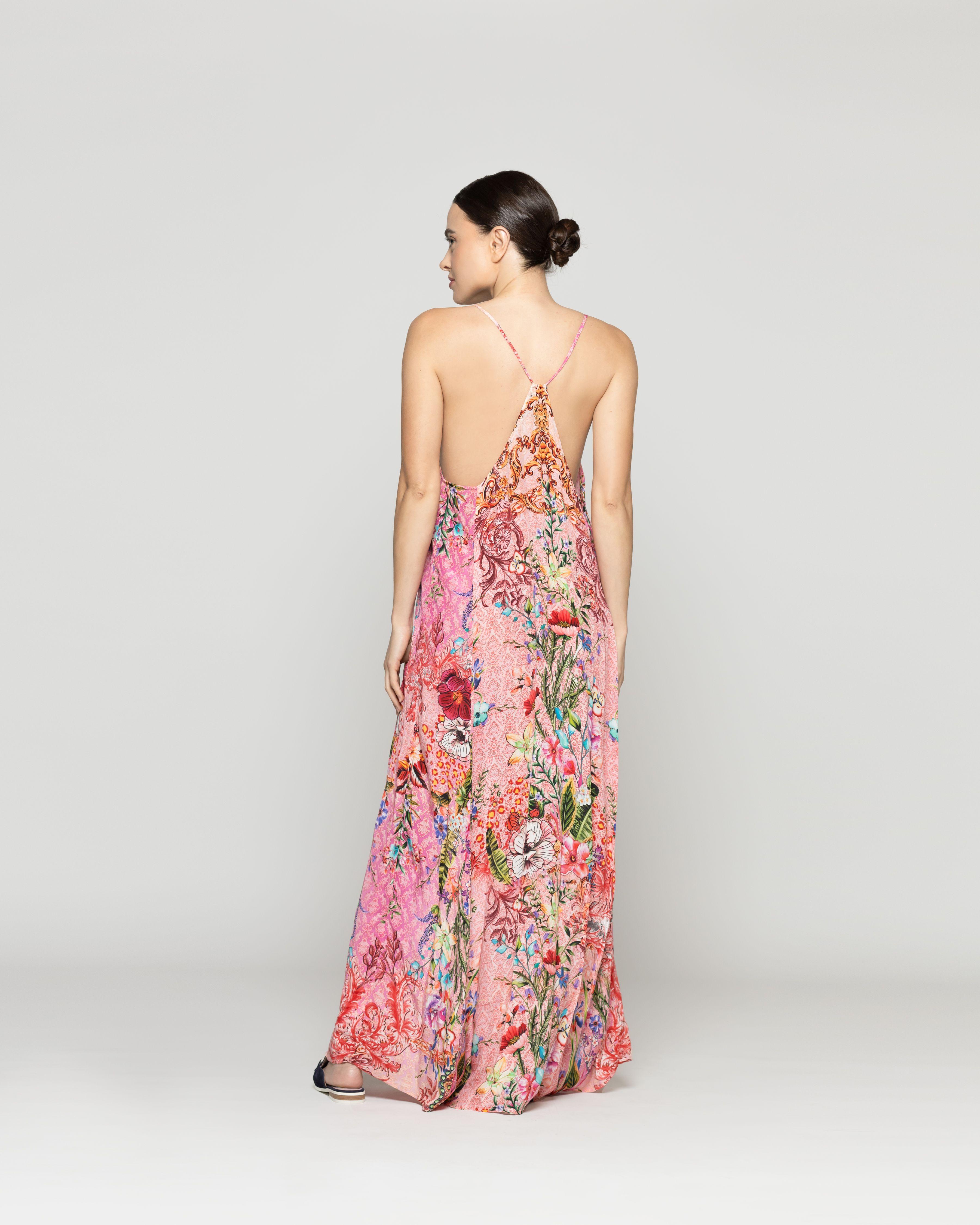 Vestido Mujer Vicenta Largo Cuello V Estampado Rosado  Lineatre-3