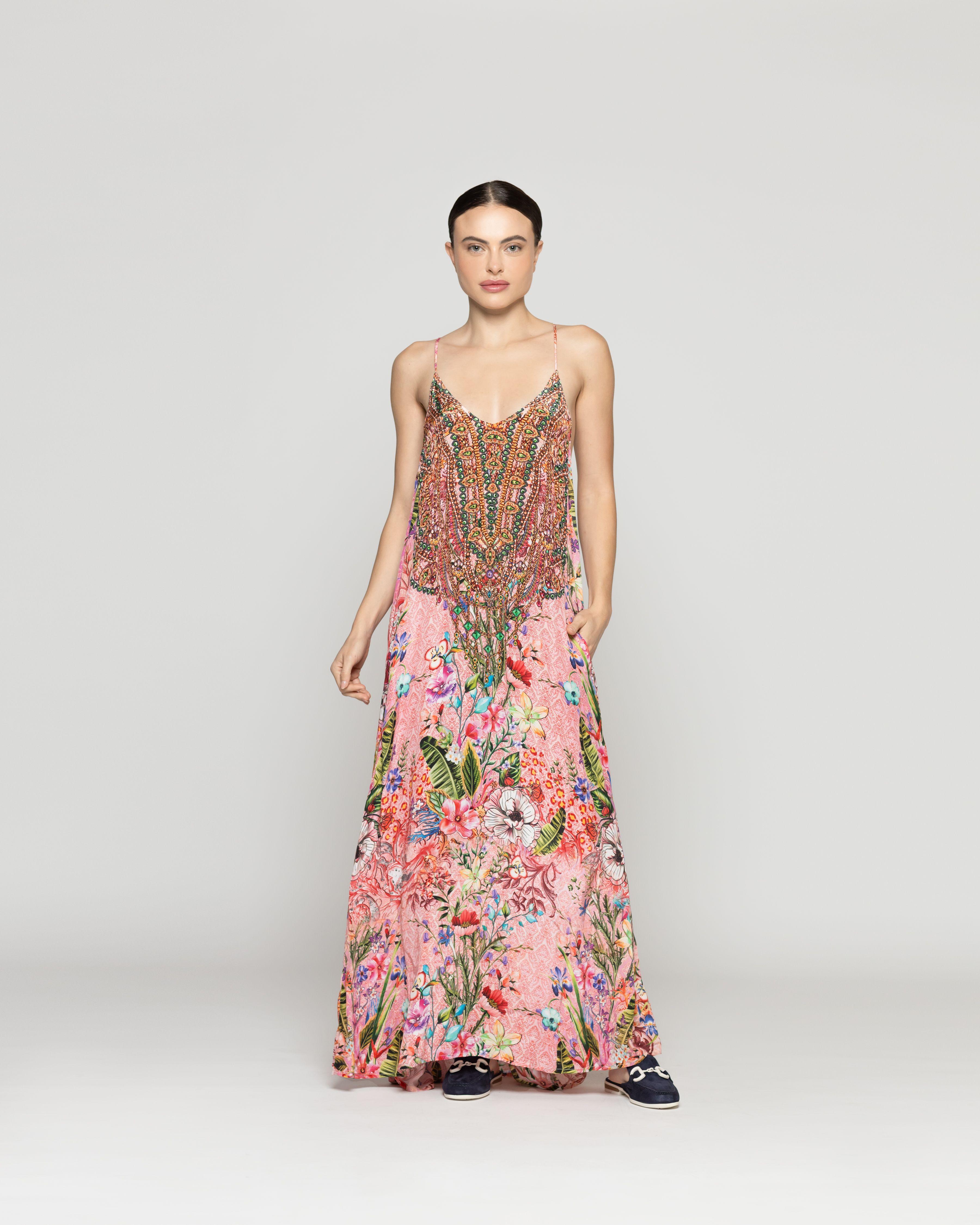 Vestido Mujer Vicenta Largo Cuello V Estampado Rosado  Lineatre-4