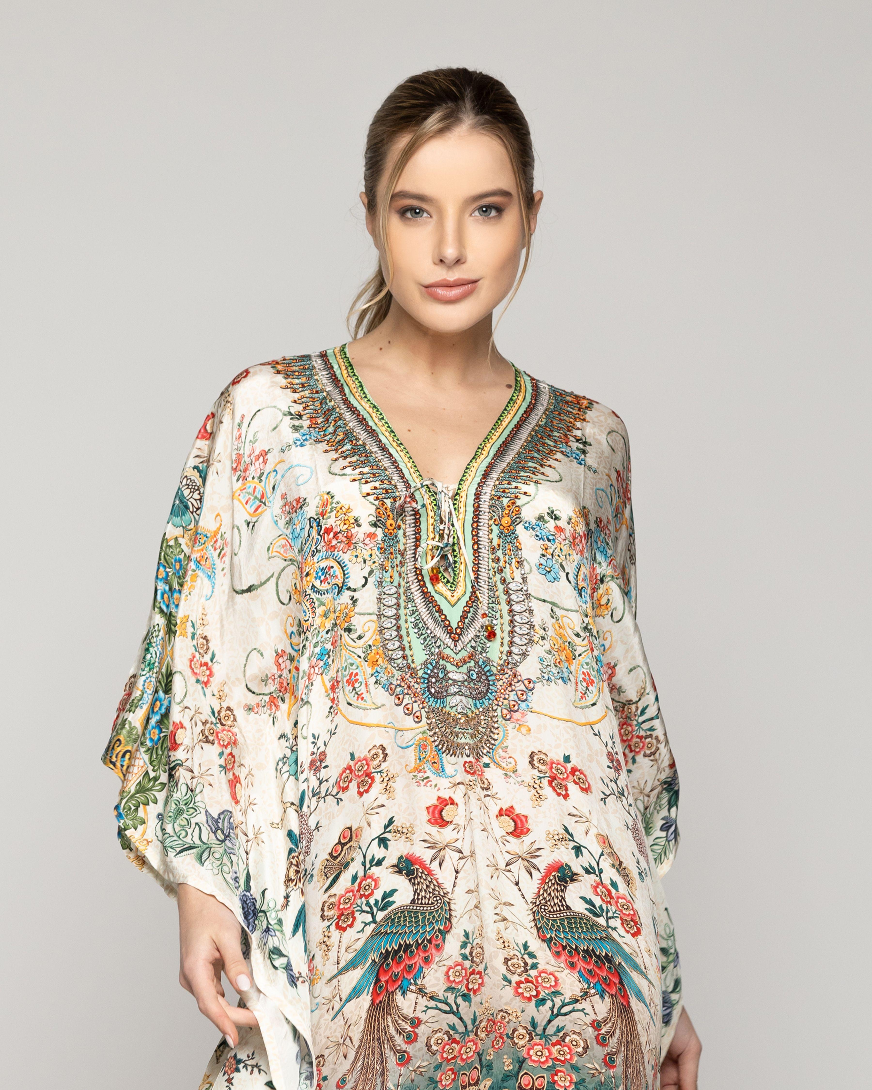 Túnica Mujer Tipo Kaftan Qamira Estampado Aves Y Flores Crudo Lineatre-0