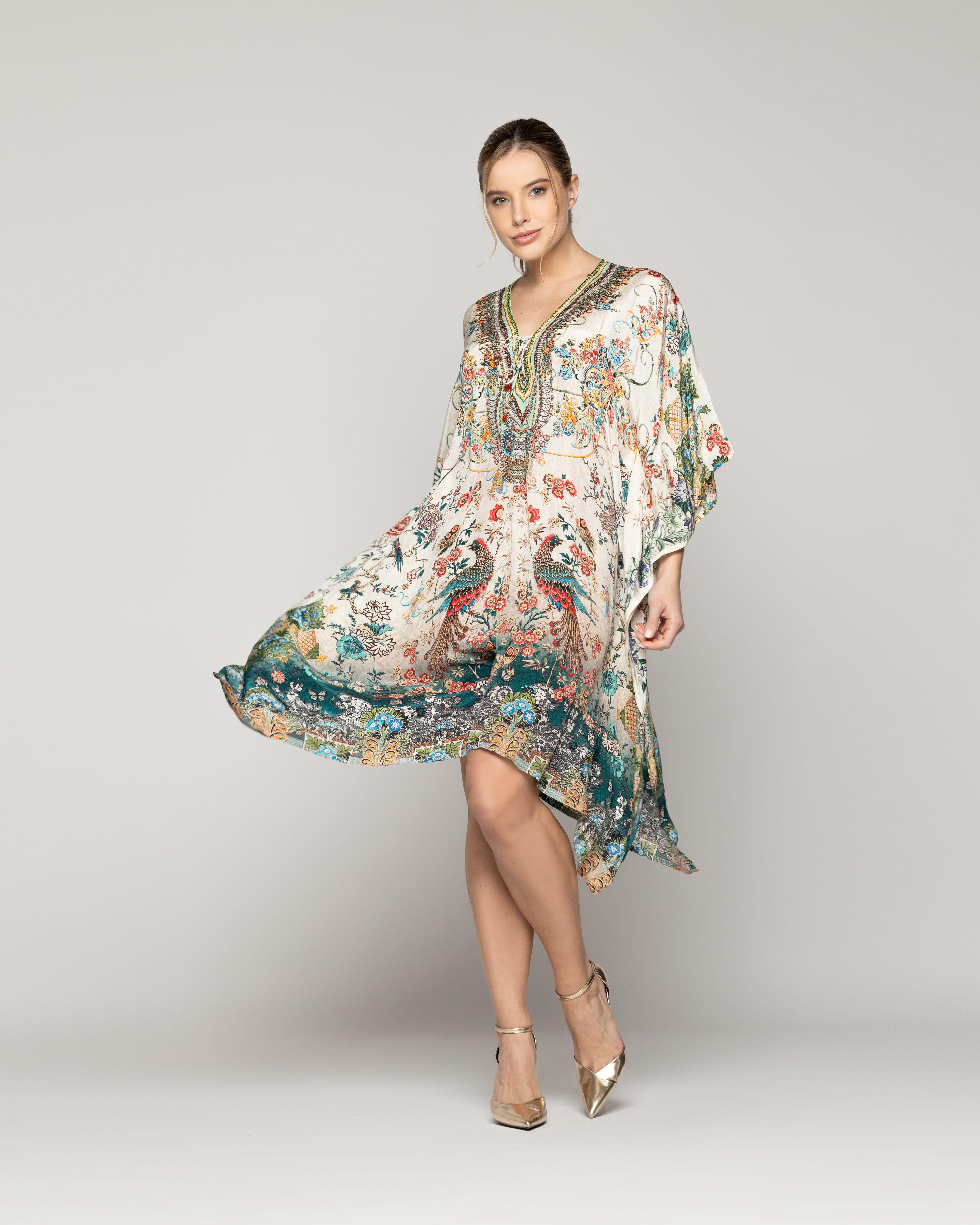 Túnica Mujer Tipo Kaftan Qamira Estampado Aves Y Flores Crudo Lineatre-1