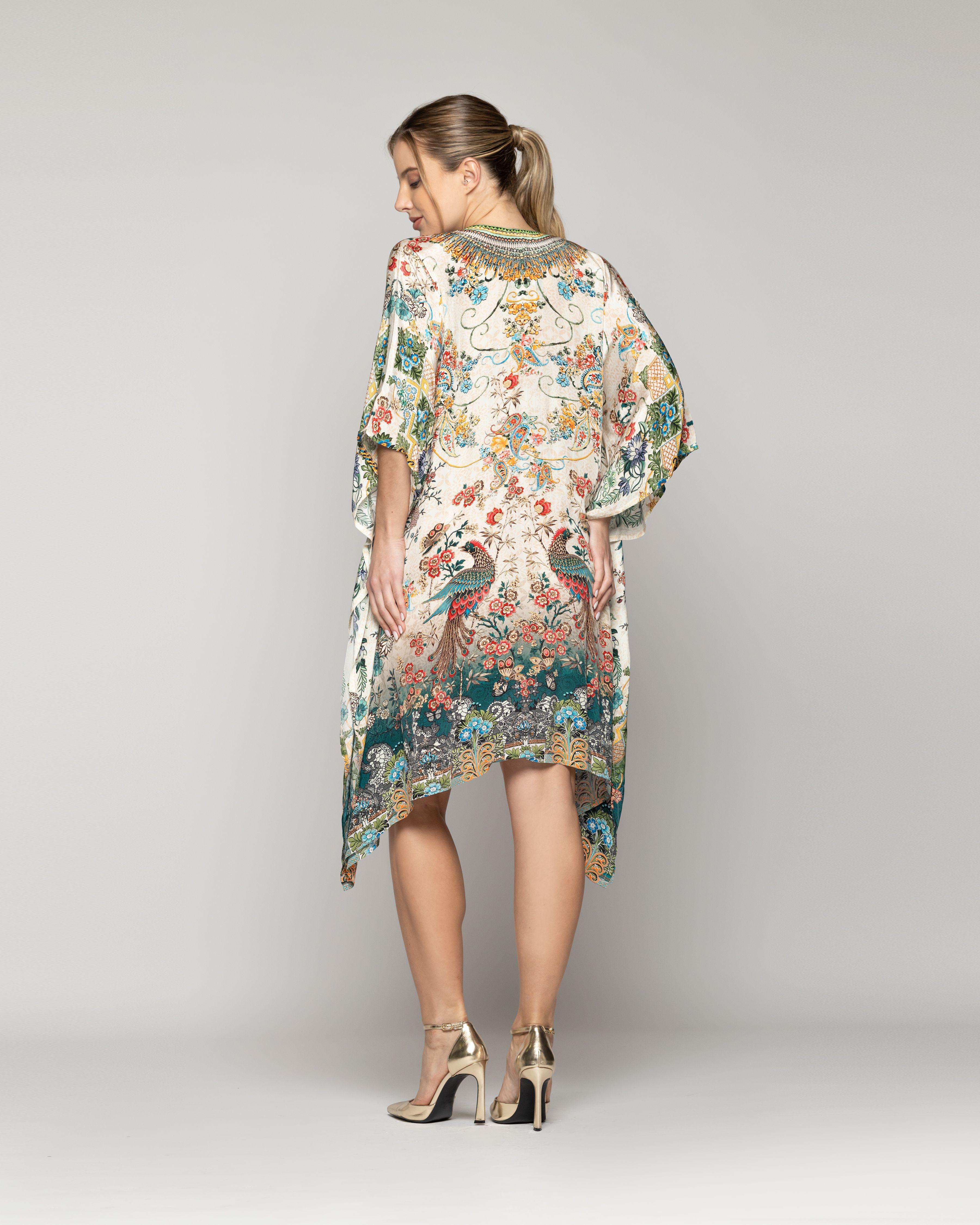 Túnica Mujer Tipo Kaftan Qamira Estampado Aves Y Flores Crudo Lineatre-3