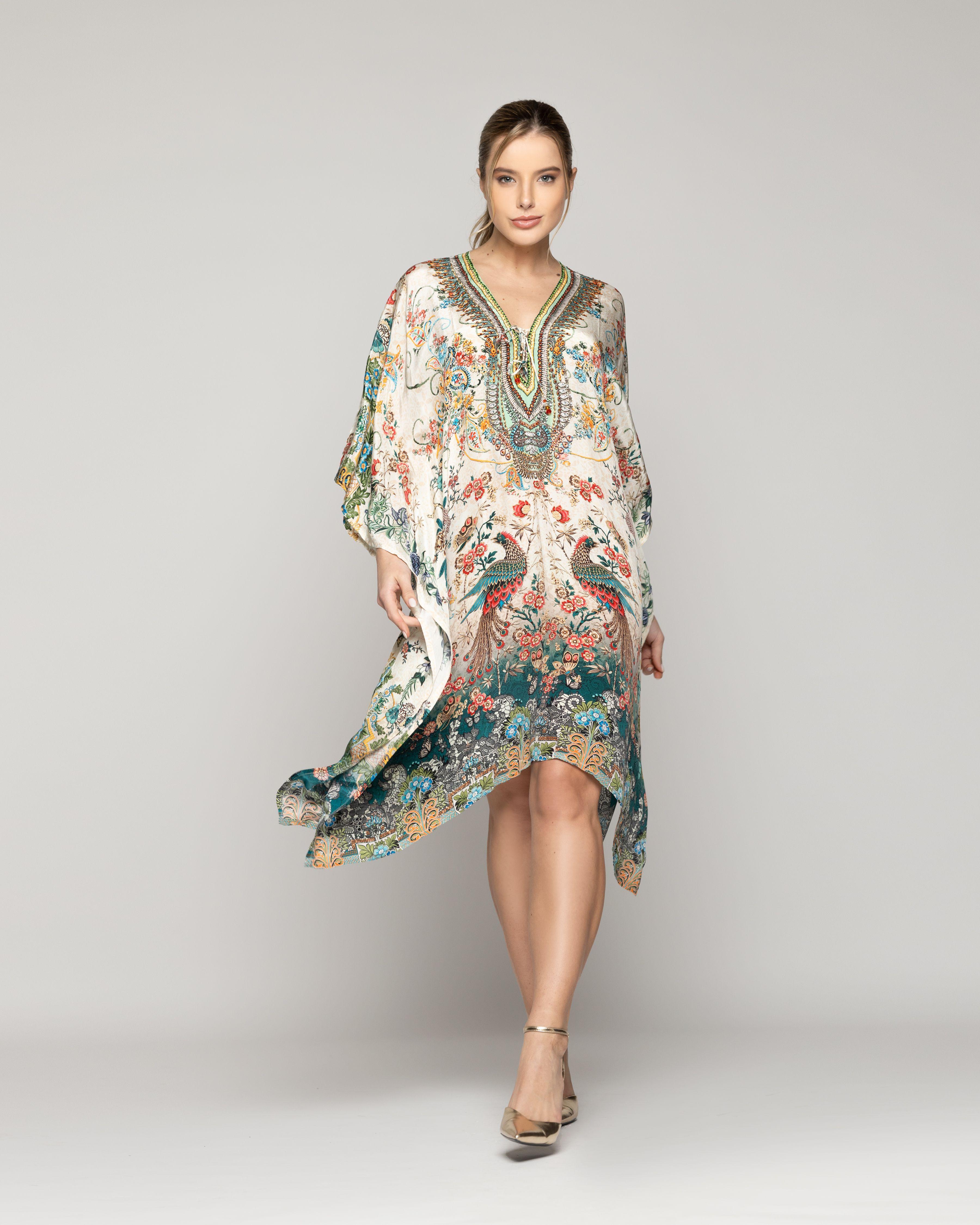 Túnica Mujer Tipo Kaftan Qamira Estampado Aves Y Flores Crudo Lineatre-4