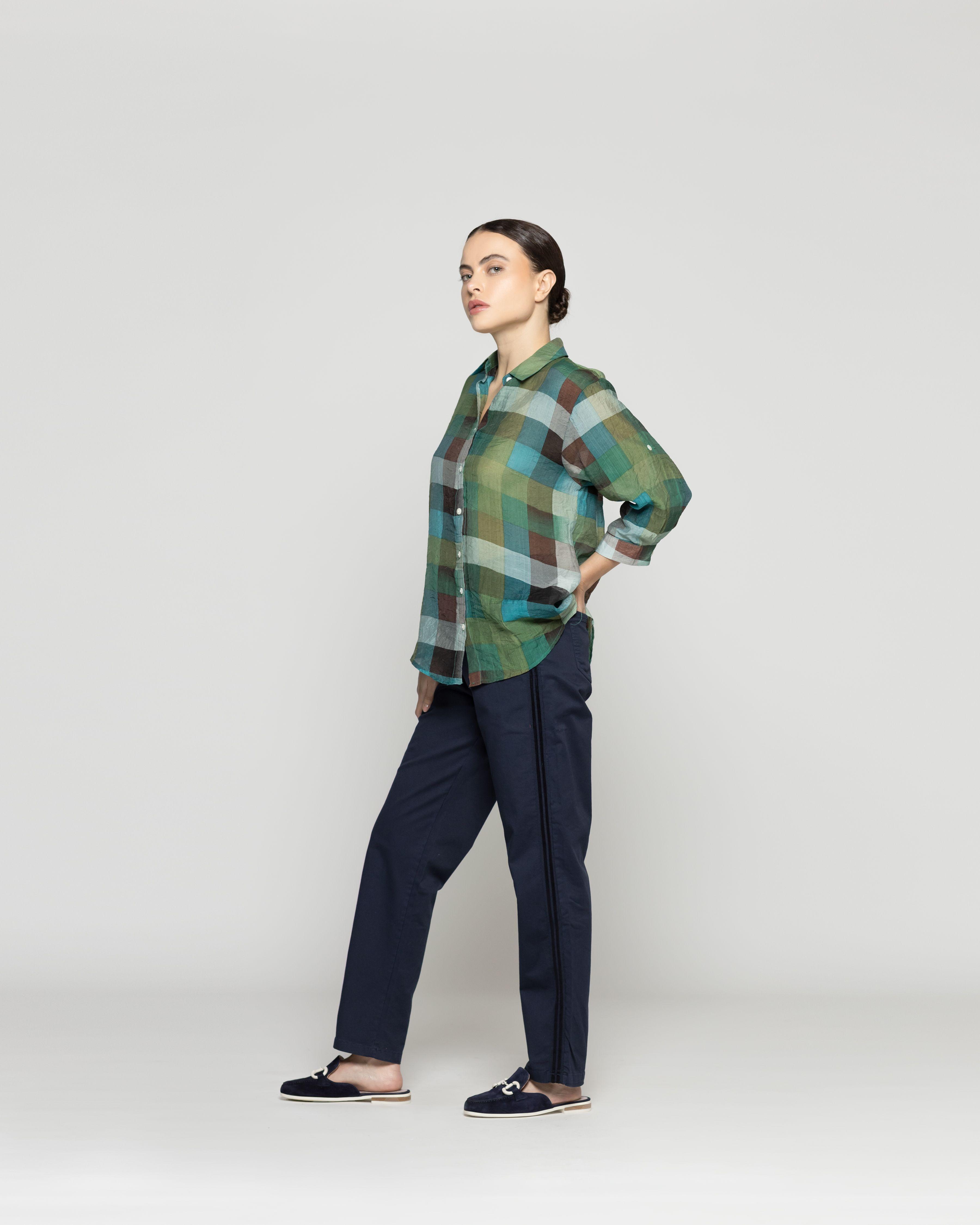 Blusa Mujer Bellinda Manga 3/4 Diseño Cuadrille Verde Lineatre-1