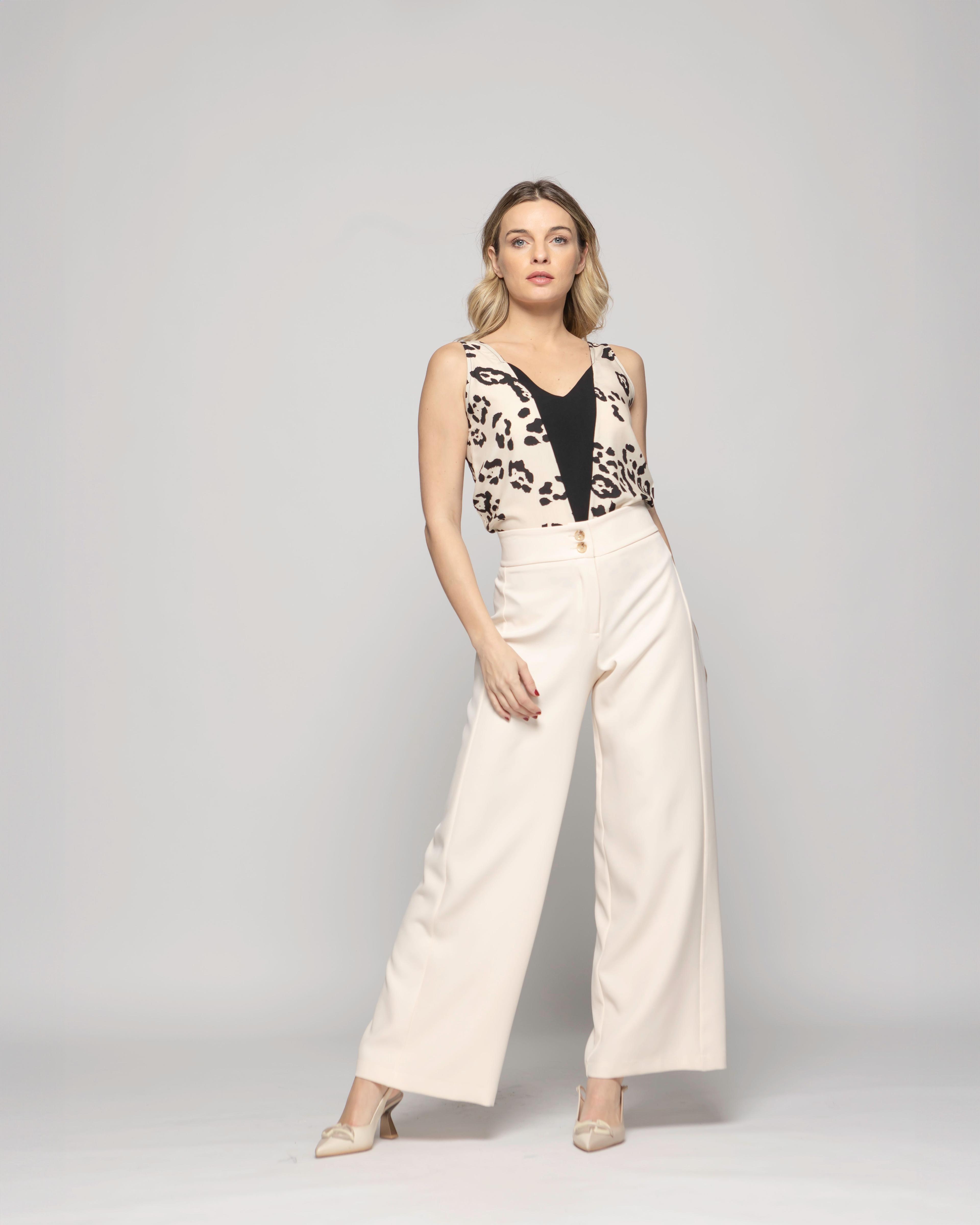 Pantalón Mujer Lotus Palazzo Blanco Crema Ludovica-0