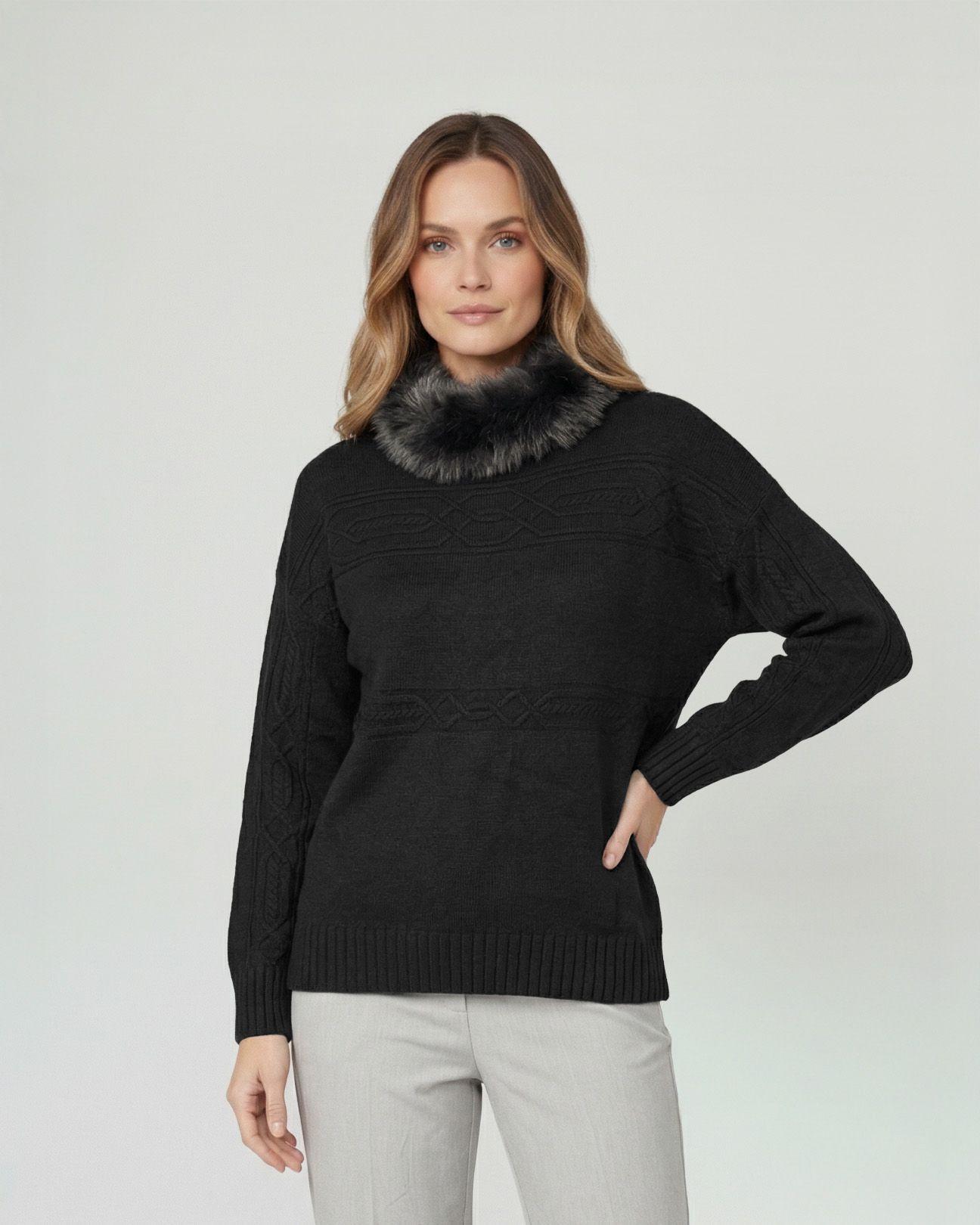 Sweater Mujer Giovanna Relaxed Cuello Redondo Pelos Manga Caída Negro Lineatre-0