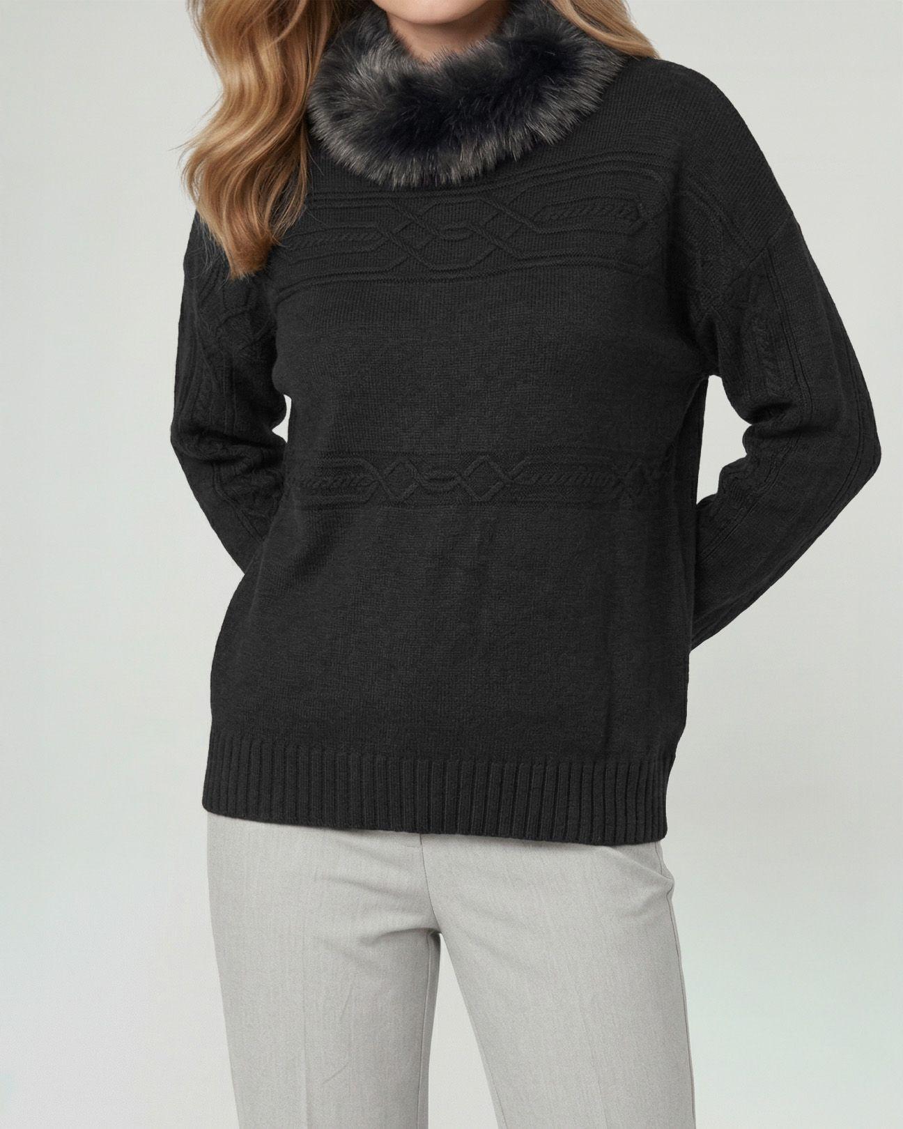 Sweater Mujer Giovanna Relaxed Cuello Redondo Pelos Manga Caída Negro Lineatre-2