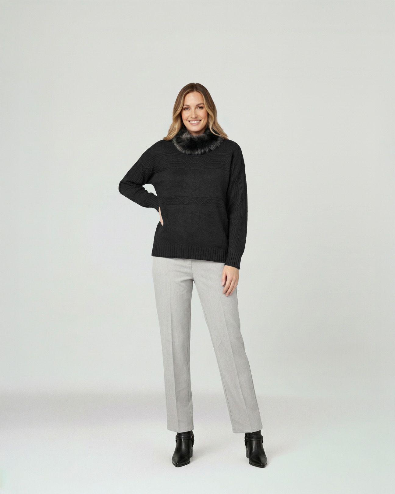 Sweater Mujer Giovanna Relaxed Cuello Redondo Pelos Manga Caída Negro Lineatre-3