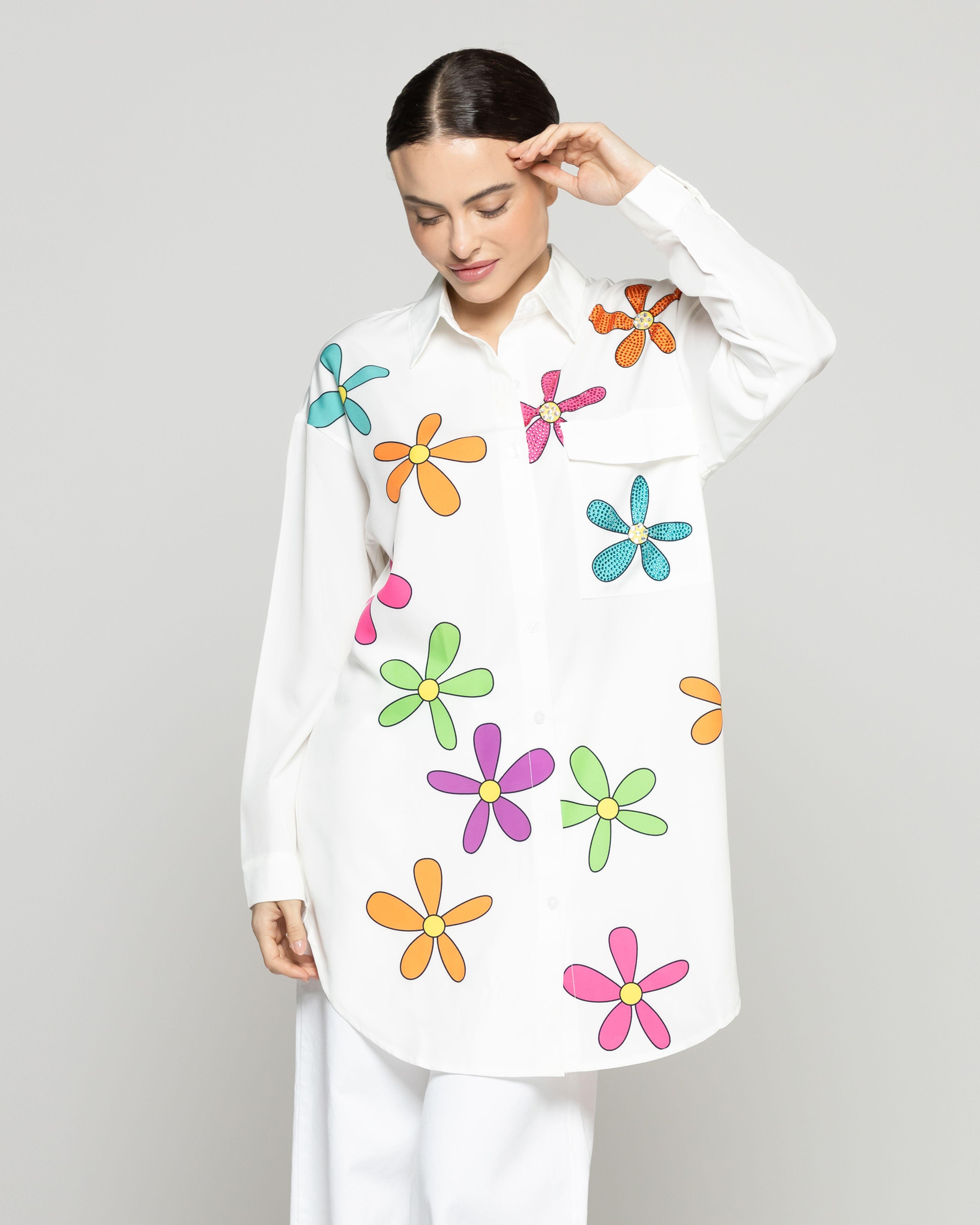 Blusa Mujer Branka Larga Con Diseño De Flores Y Brillos Blanca Lineatre-0