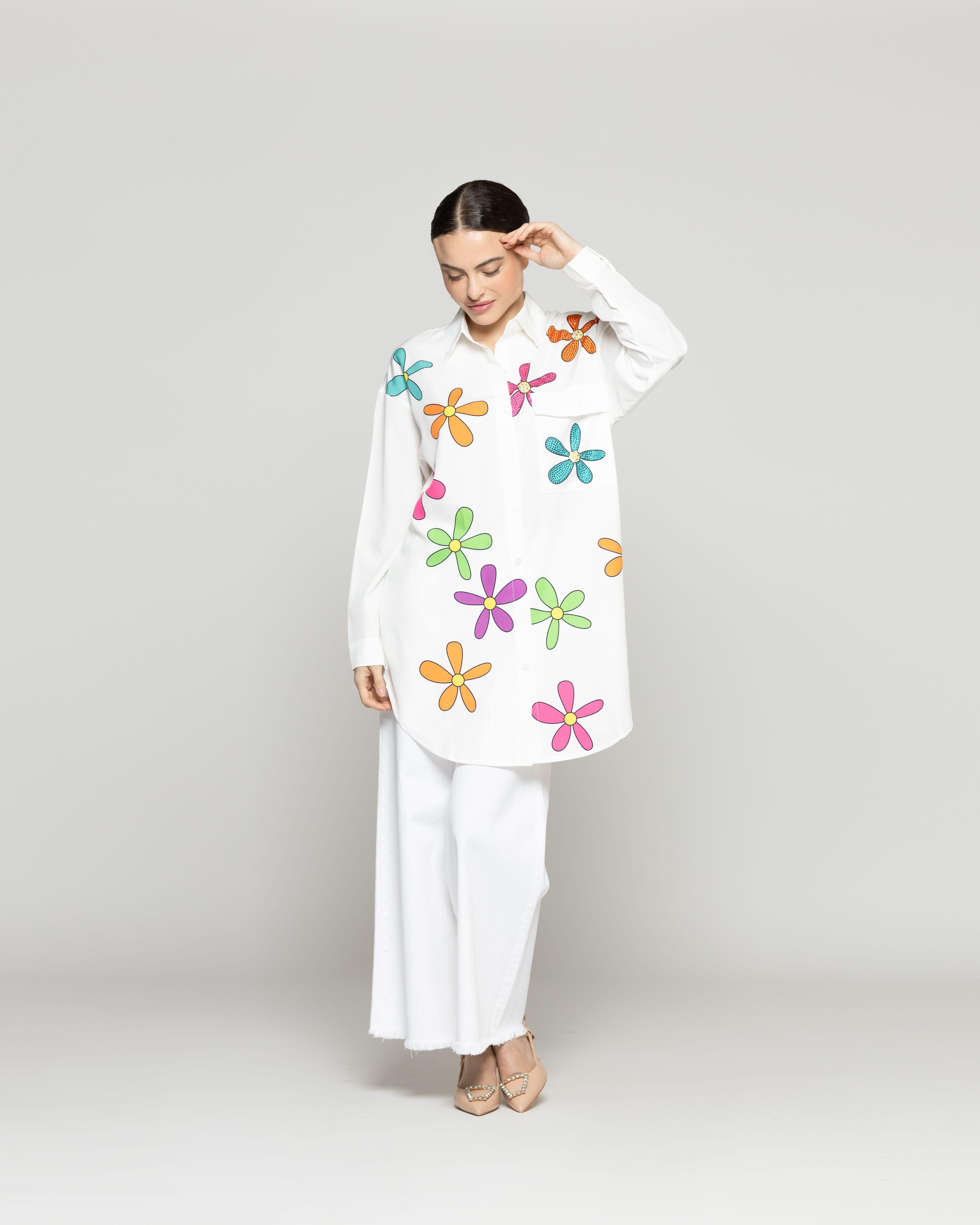 Blusa Mujer Branka Larga Con Diseño De Flores Y Brillos Blanca Lineatre-4