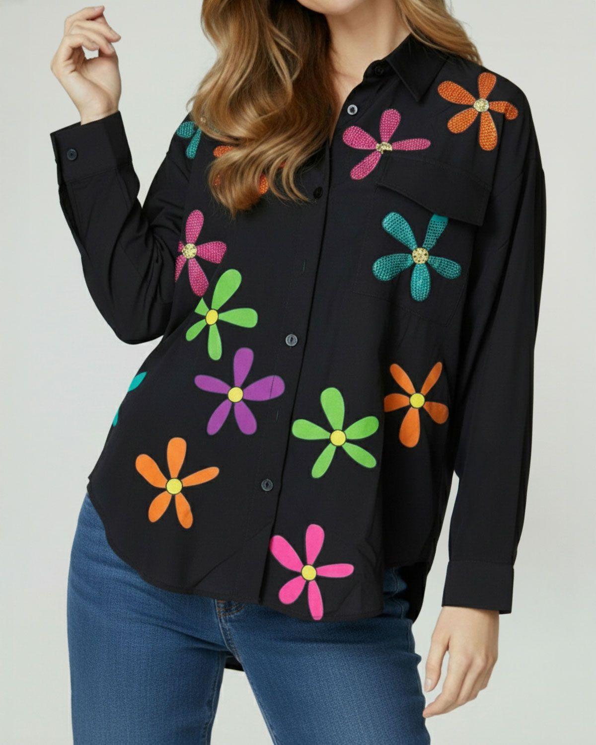 Blusa Mujer Silvia Relaxed Cuello tipo camisa Manga larga con puño camisa Negro Lineatre-3