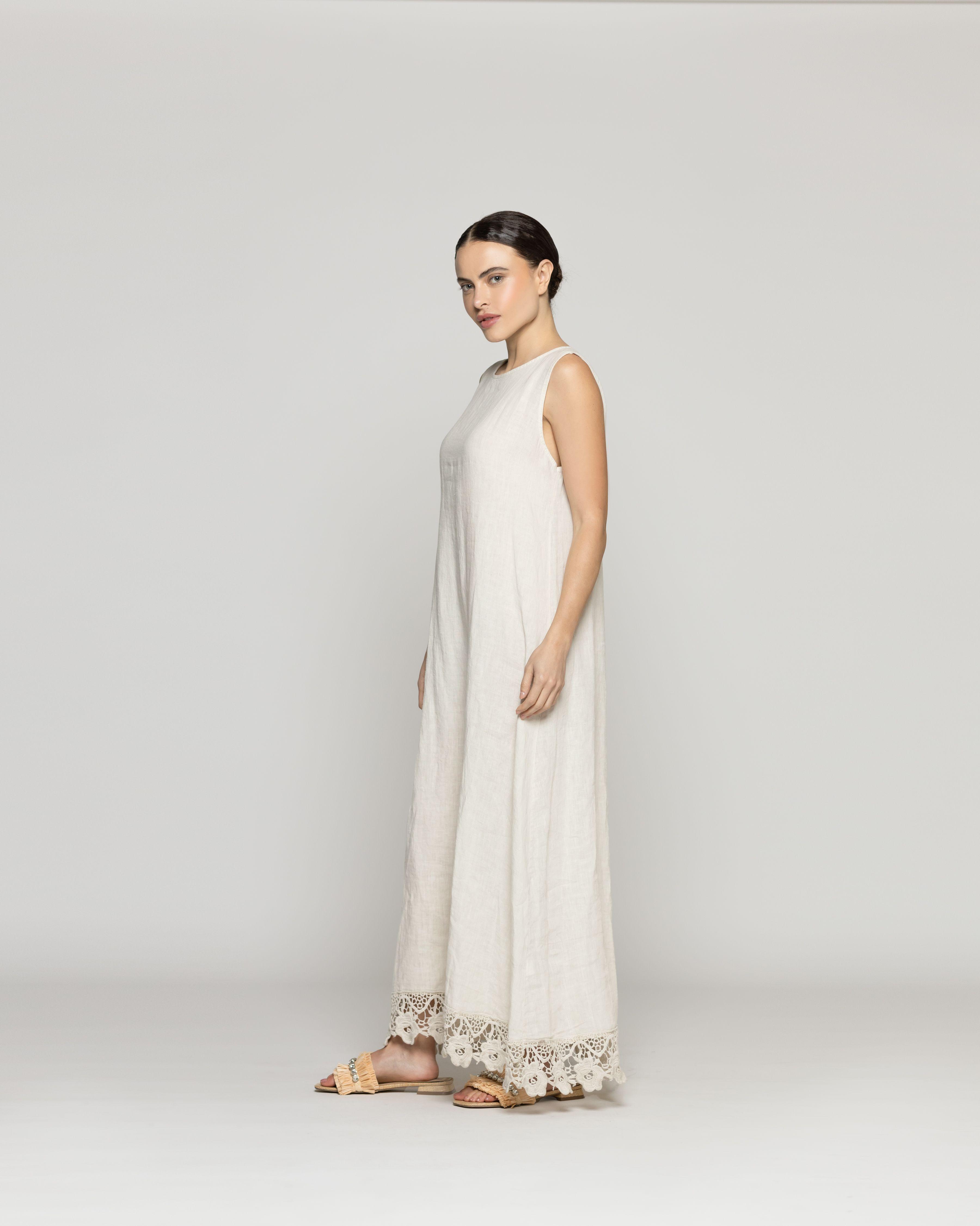 Vestido Mujer Dianella Lino Bordado Beige Lineatre-1