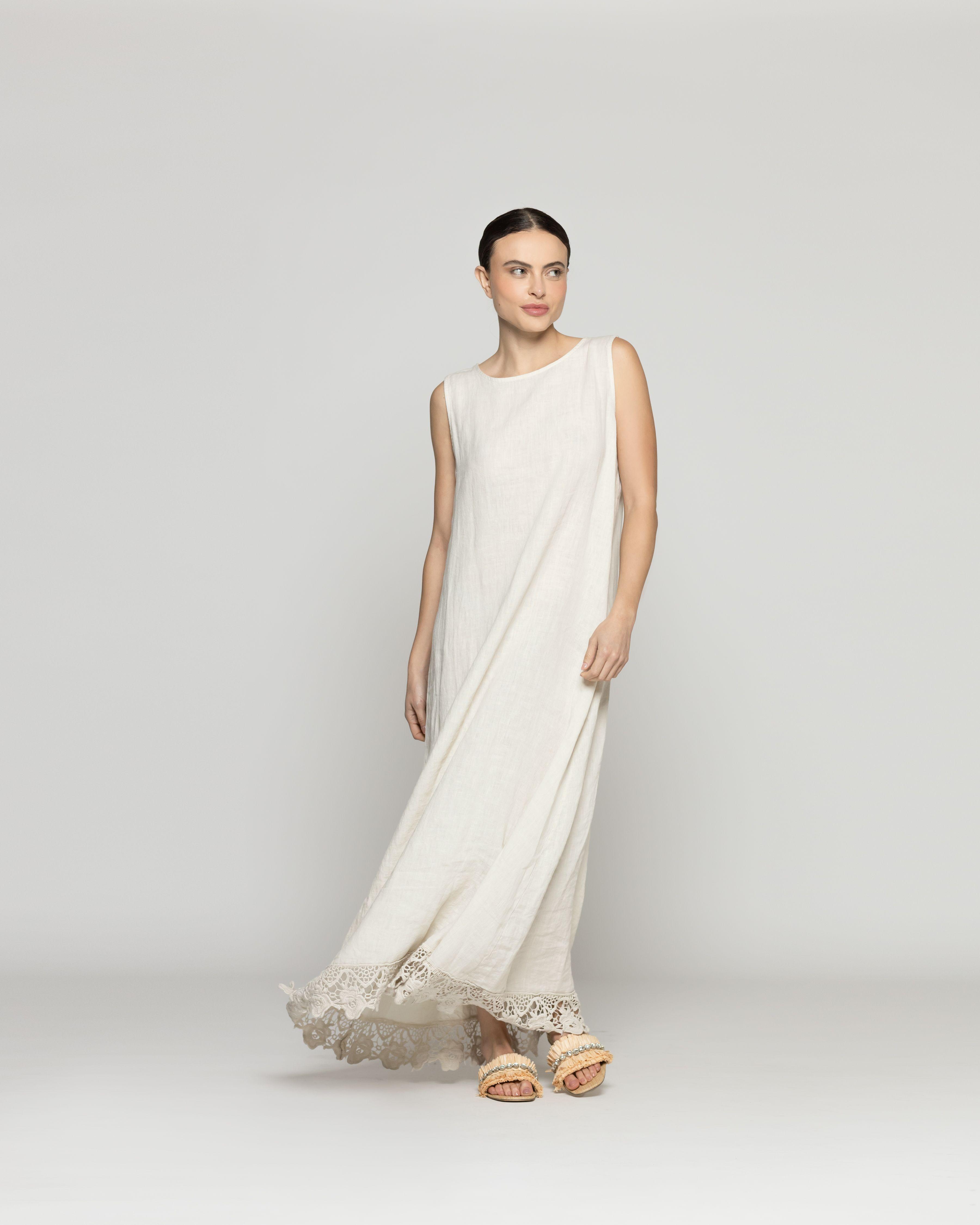 Vestido Mujer Dianella Lino Bordado Beige Lineatre-4